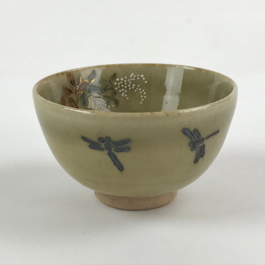 Japanese Porcelain Sake Cup Kutani Ware Dragonfly Plants Guinomi Beige Blue G86