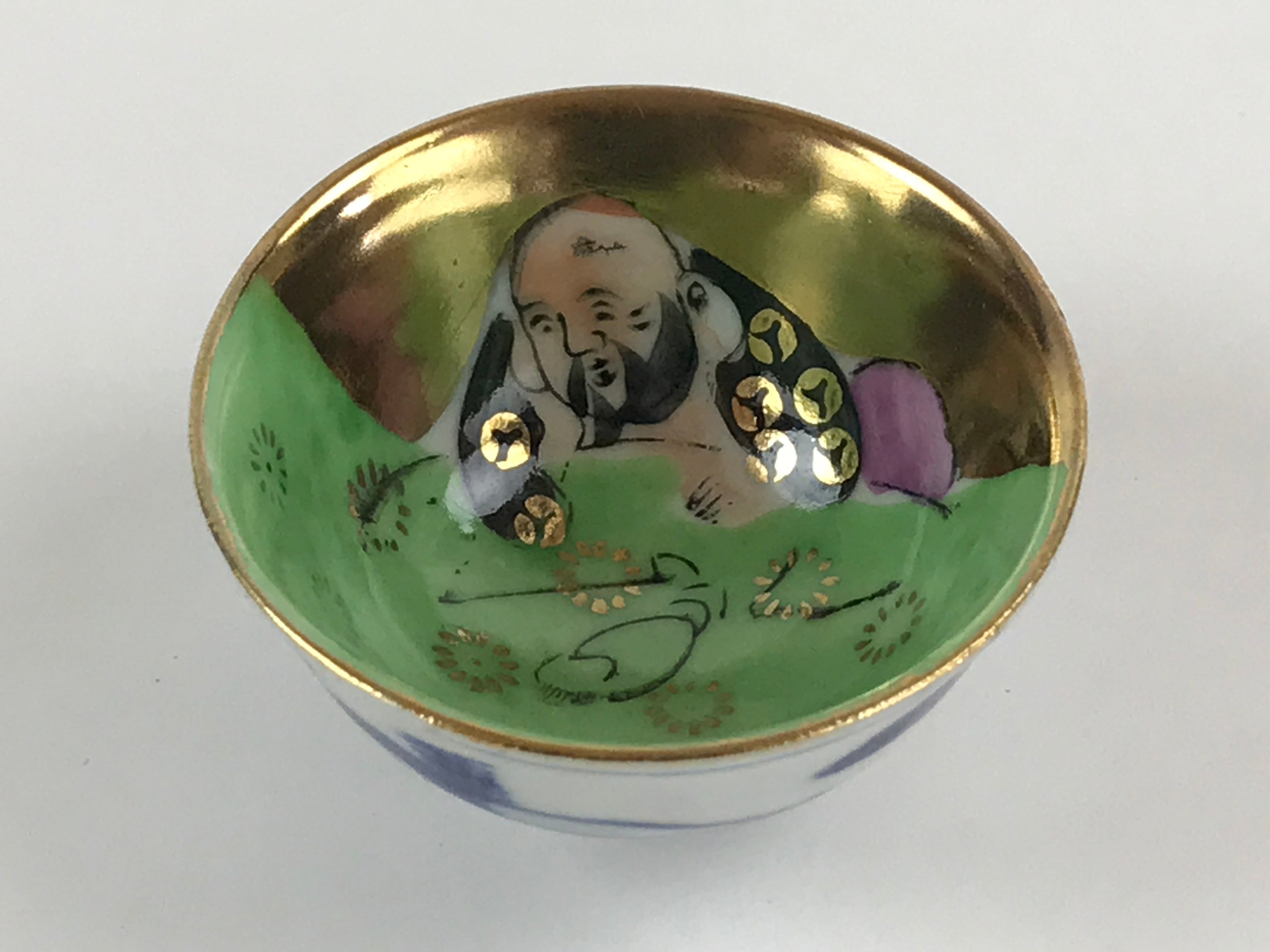 Japanese Porcelain Sake Cup Kutani Ware Vtg Gold Foil Old Man G89