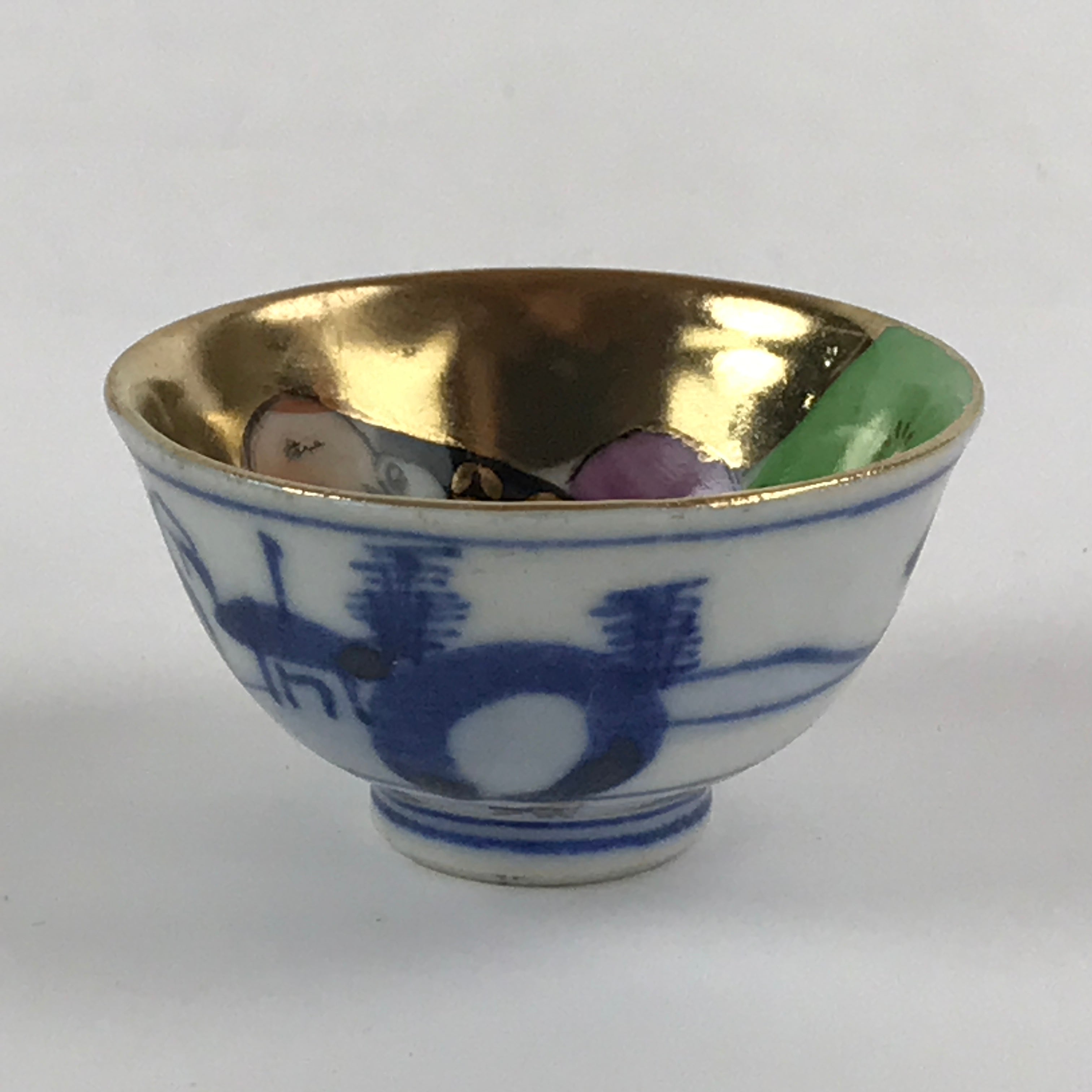 Japanese Porcelain Sake Cup Kutani Ware Vtg Gold Foil Old Man G89