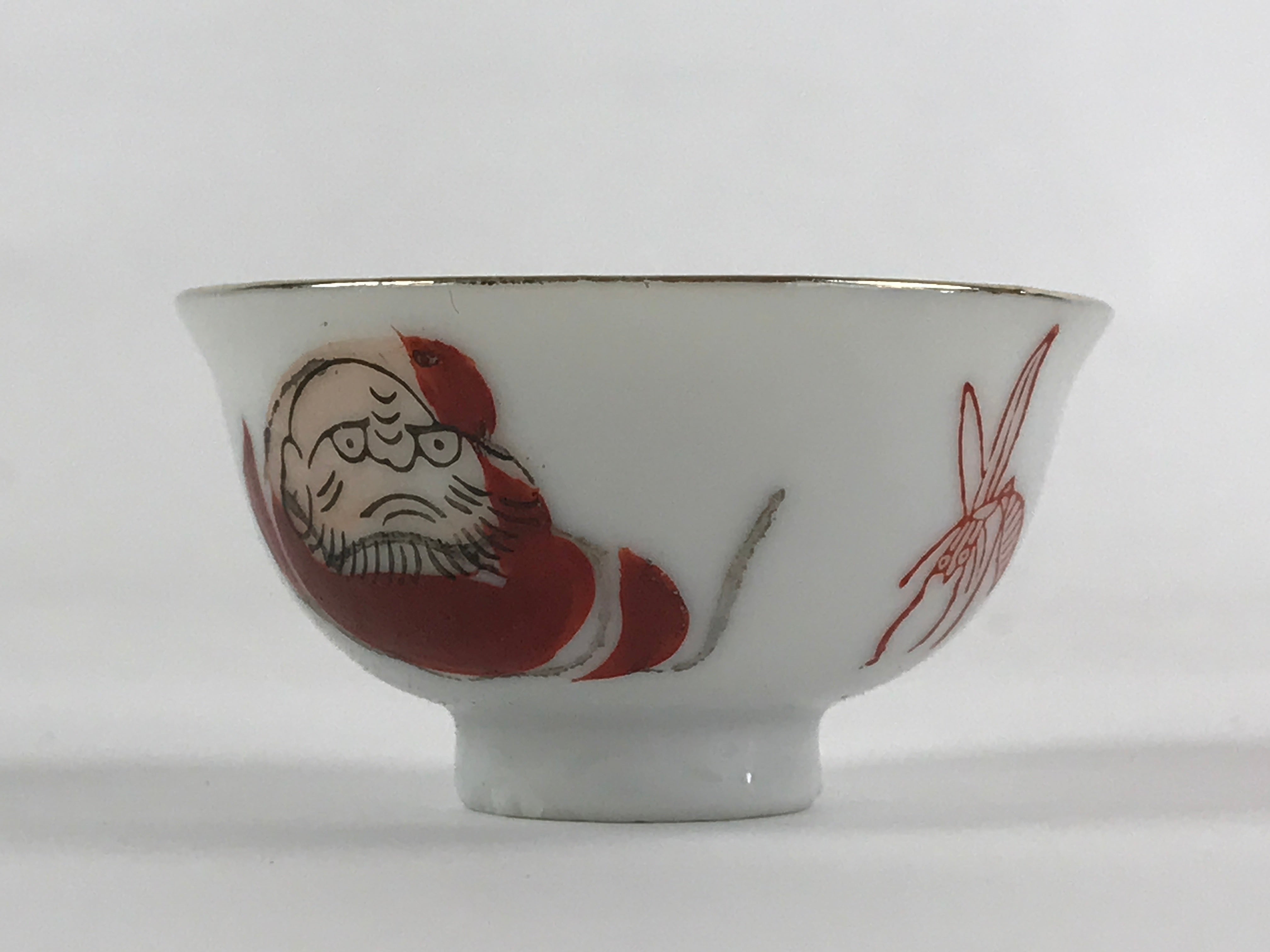 Japanese Porcelain Sake Cup Man Mosquito White Vtg Guinomi Gold Foil G87