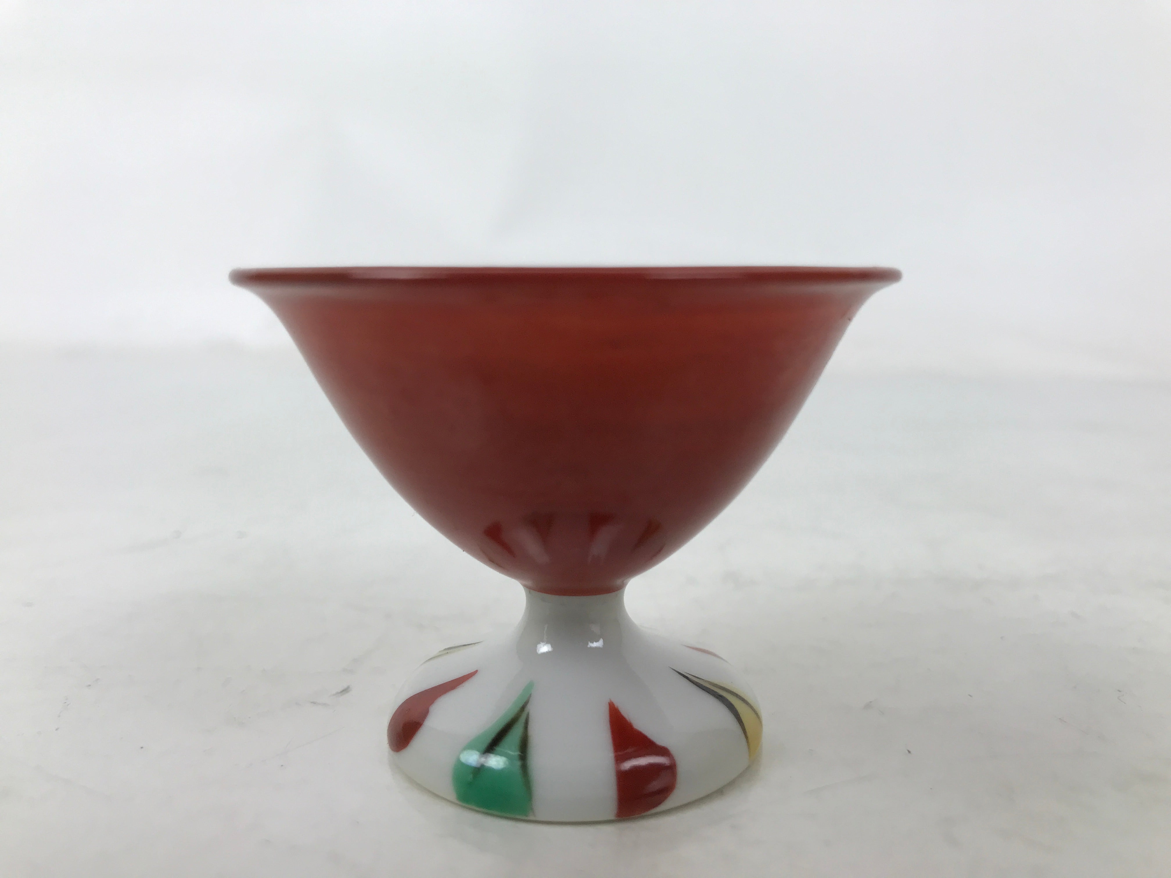 Japanese Porcelain Sake Cup Vtg Footed Ochoko Rappa Guinomi White Red Green G294