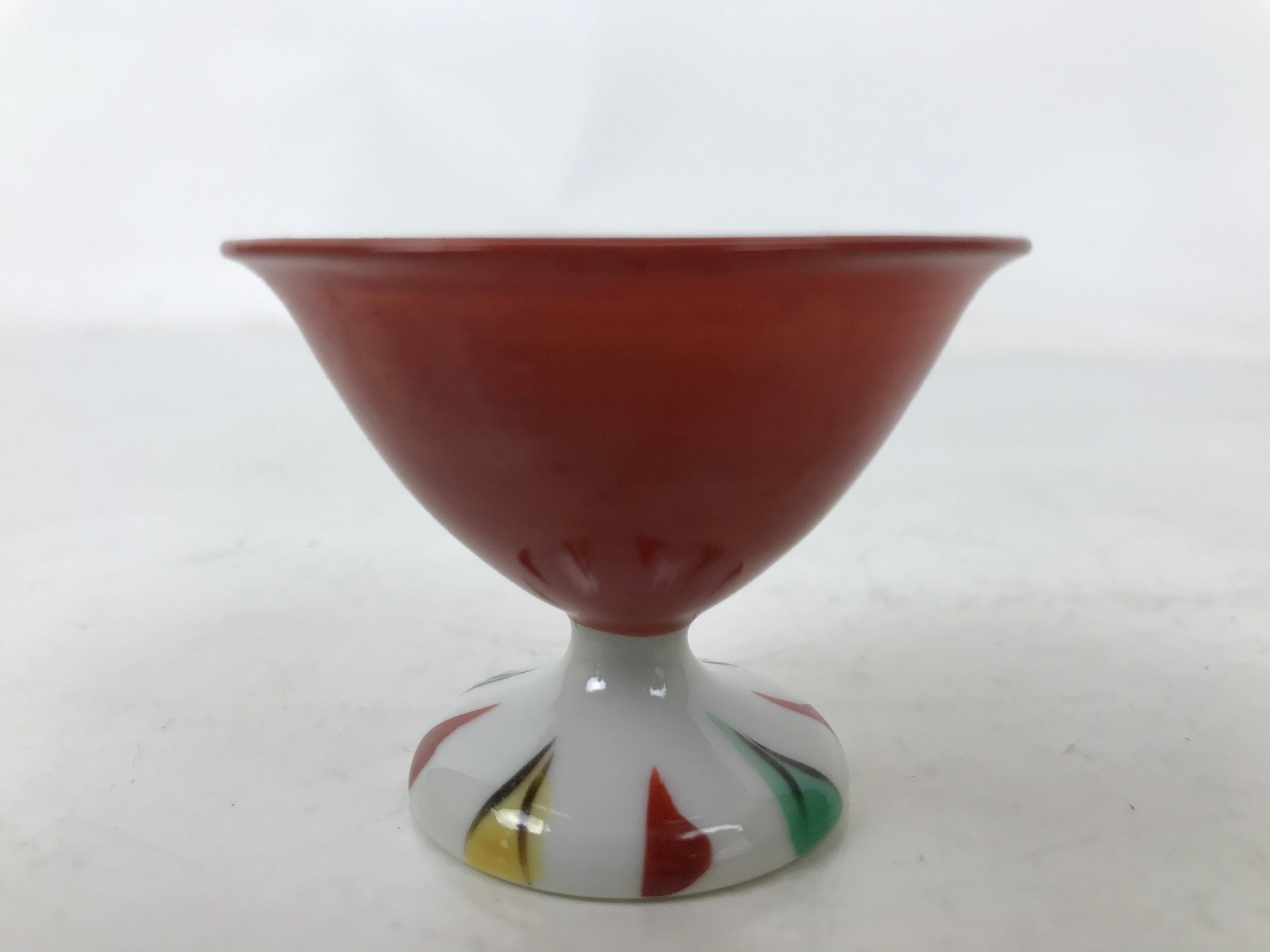 Japanese Porcelain Sake Cup Vtg Footed Ochoko Rappa Guinomi White Red Green G294