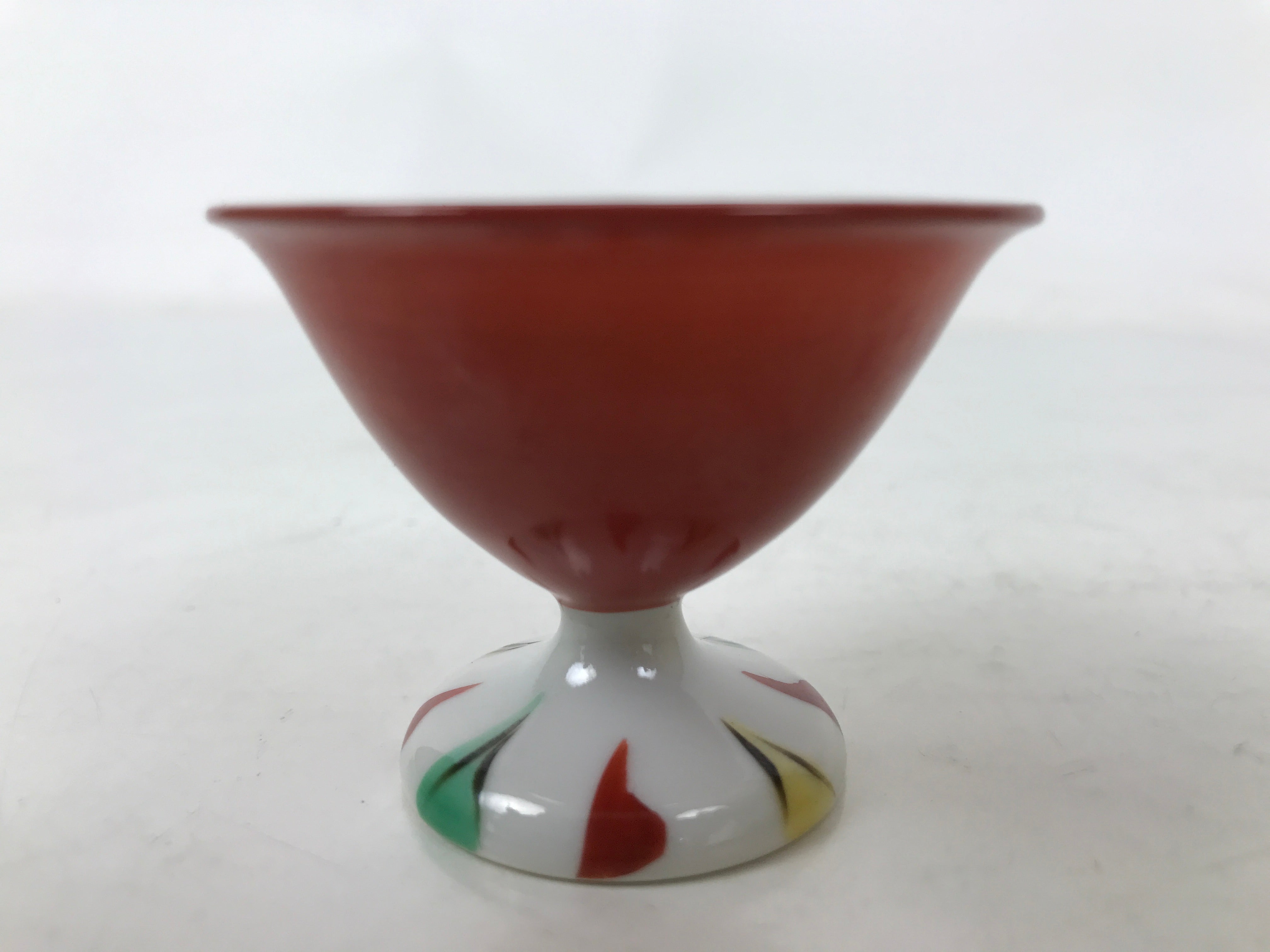 Japanese Porcelain Sake Cup Vtg Footed Ochoko Rappa Guinomi White Red Green G294