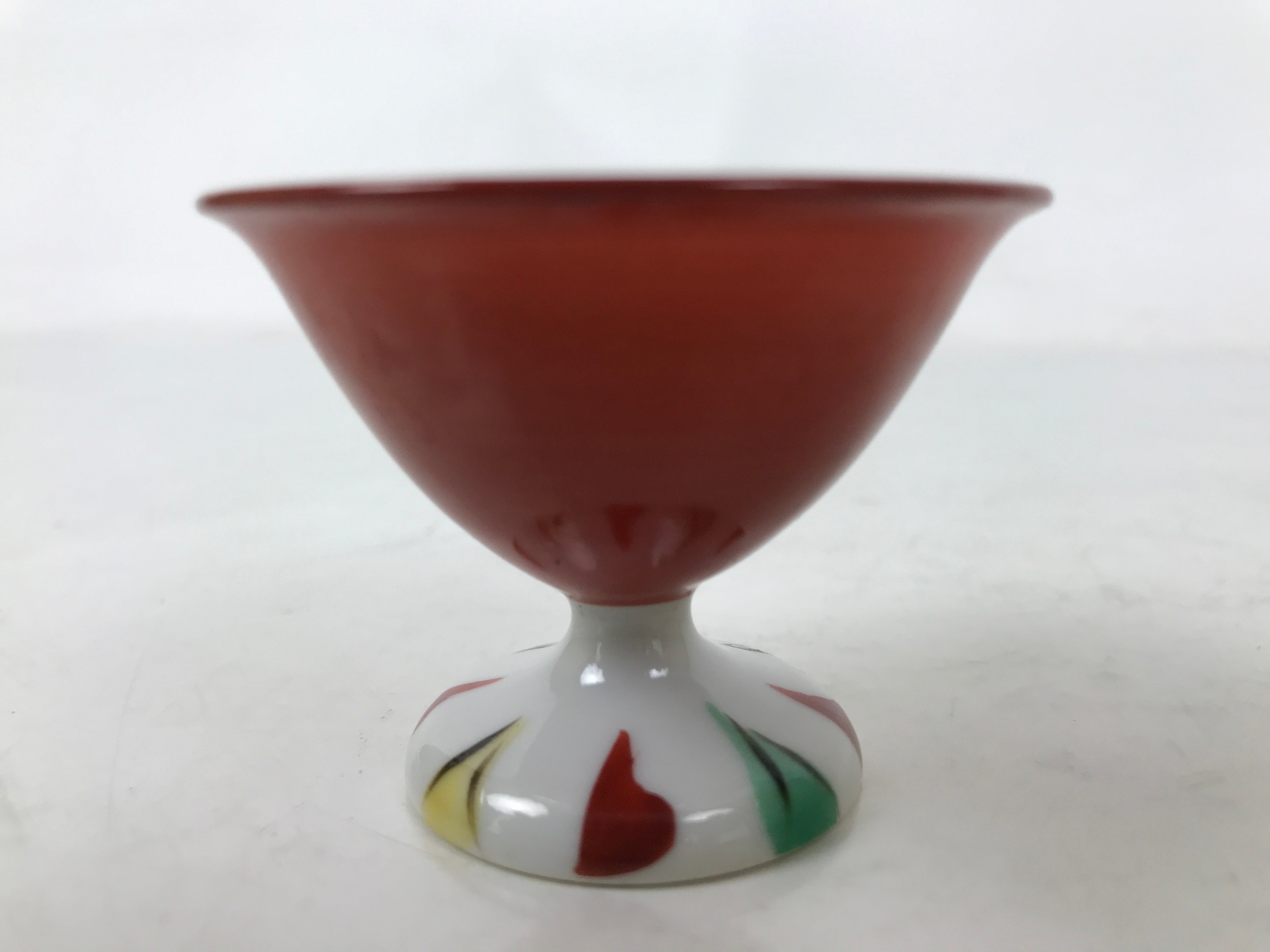 Japanese Porcelain Sake Cup Vtg Footed Ochoko Rappa Guinomi White Red Green G294