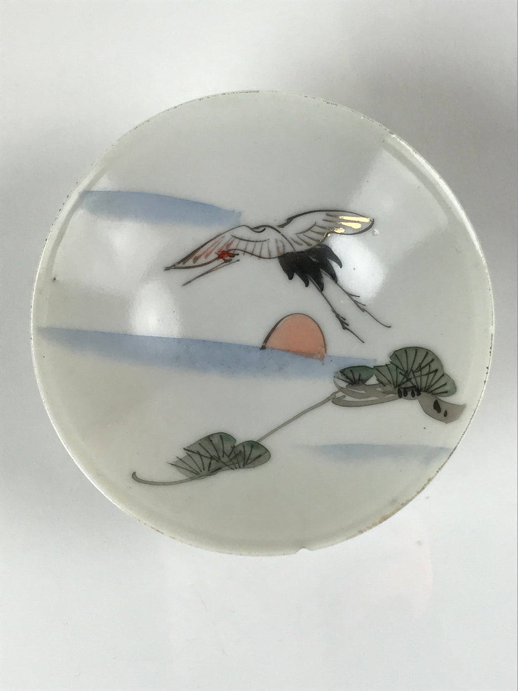 Japanese Porcelain Sake Cup Vtg Sakazuki Guinomi Crane Sunrise Pine White G193