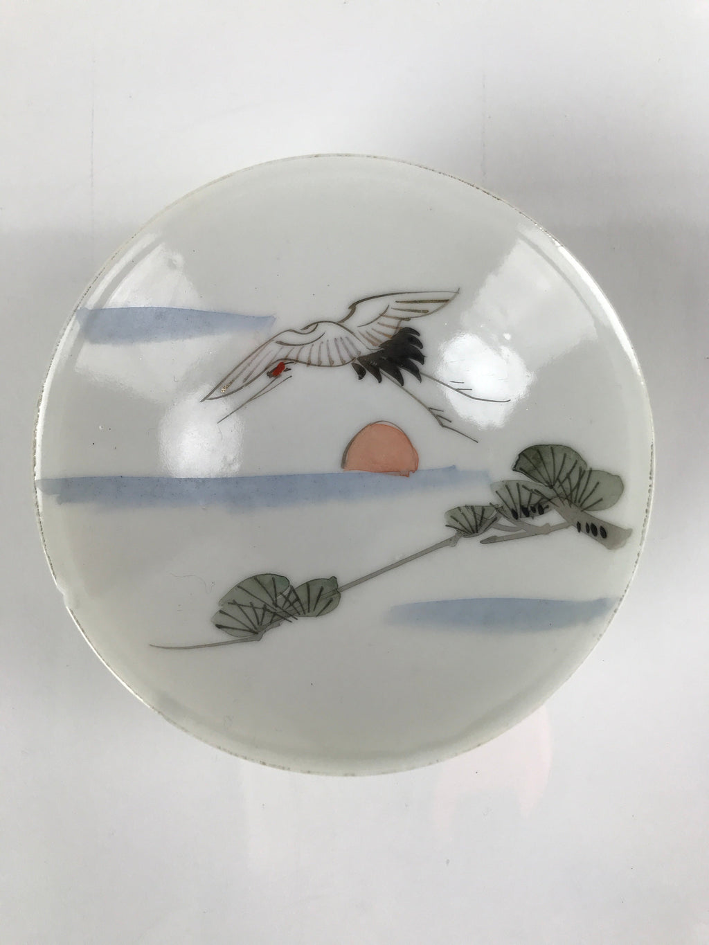 Japanese Porcelain Sake Cup Vtg Sakazuki Guinomi Crane Sunrise Pine White G194