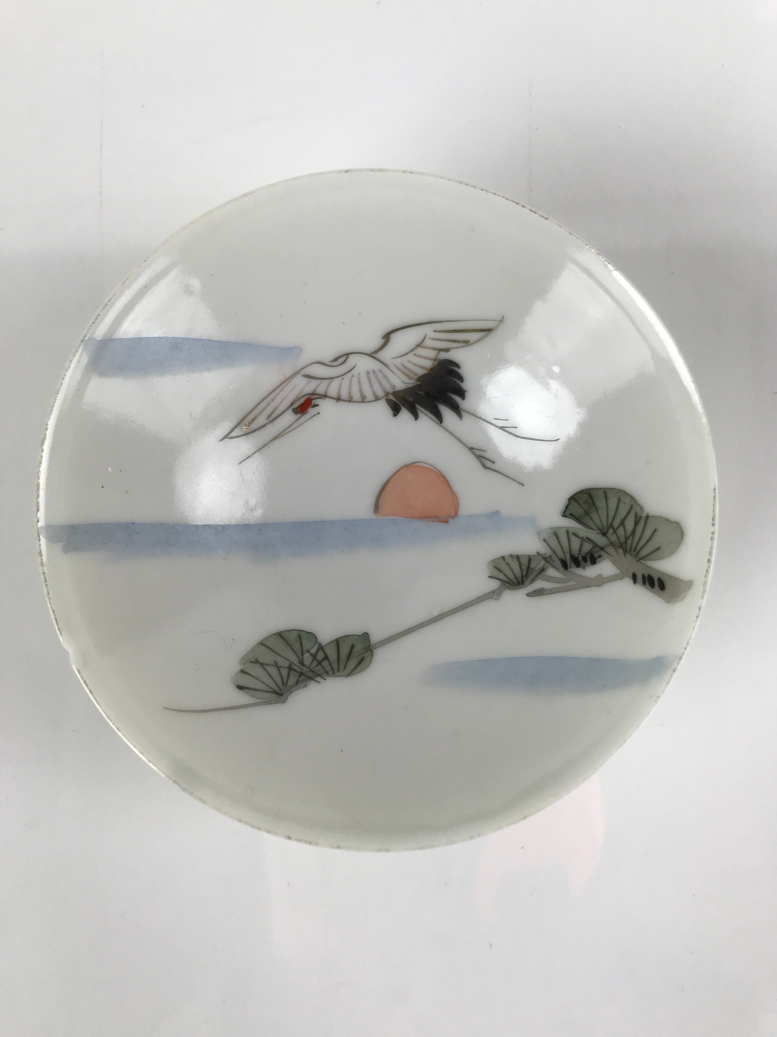 Japanese Porcelain Sake Cup Vtg Sakazuki Guinomi Crane Sunrise Pine White G194