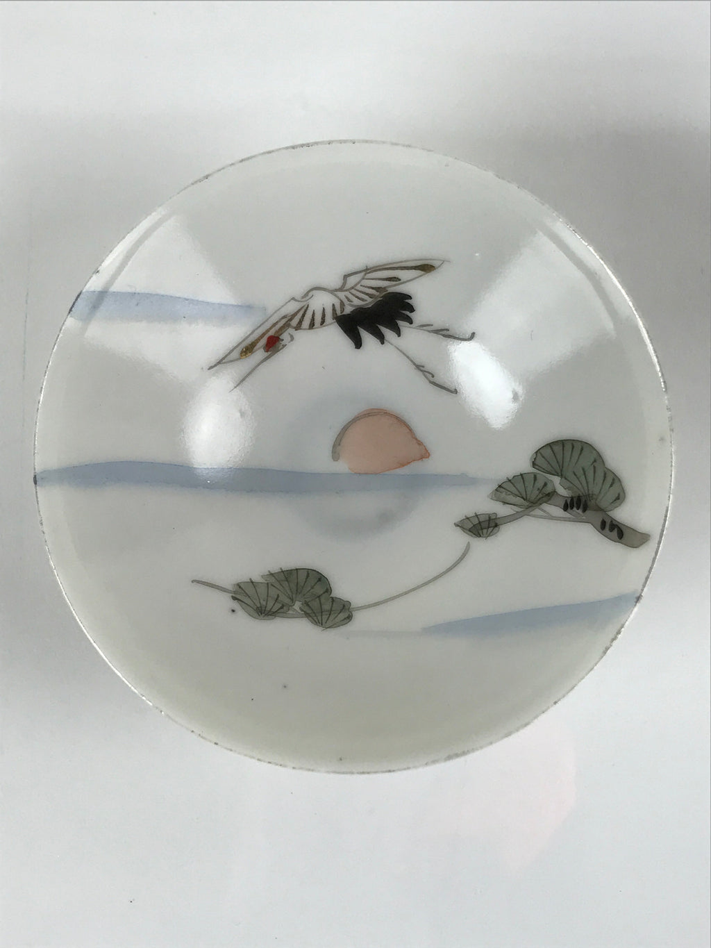 Japanese Porcelain Sake Cup Vtg Sakazuki Guinomi Crane Sunrise Pine White G197