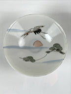 Japanese Porcelain Sake Cup Vtg Sakazuki Guinomi Crane Sunrise Pine White G197
