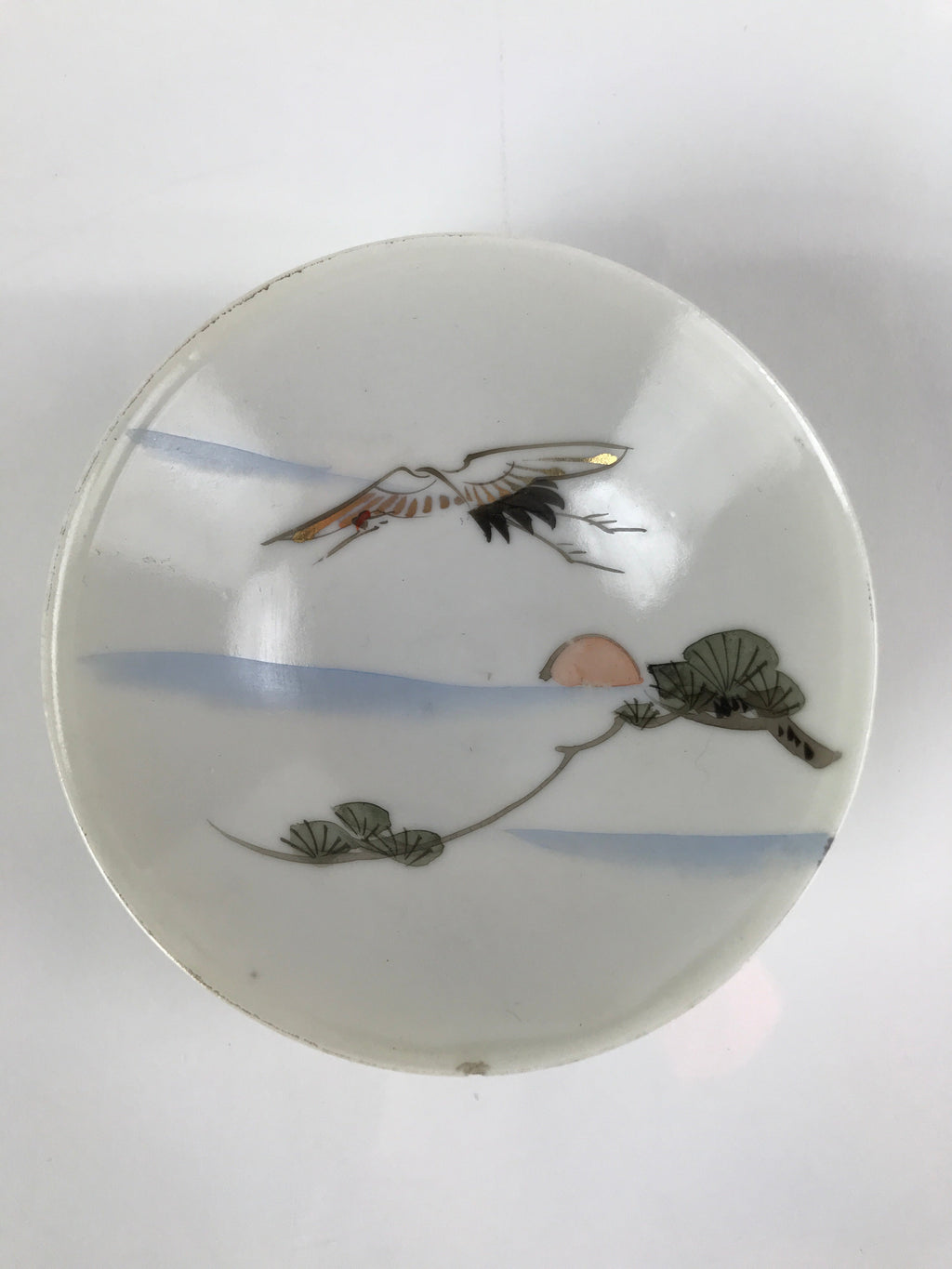 Japanese Porcelain Sake Cup Vtg Sakazuki Guinomi Crane Sunrise Pine White G198