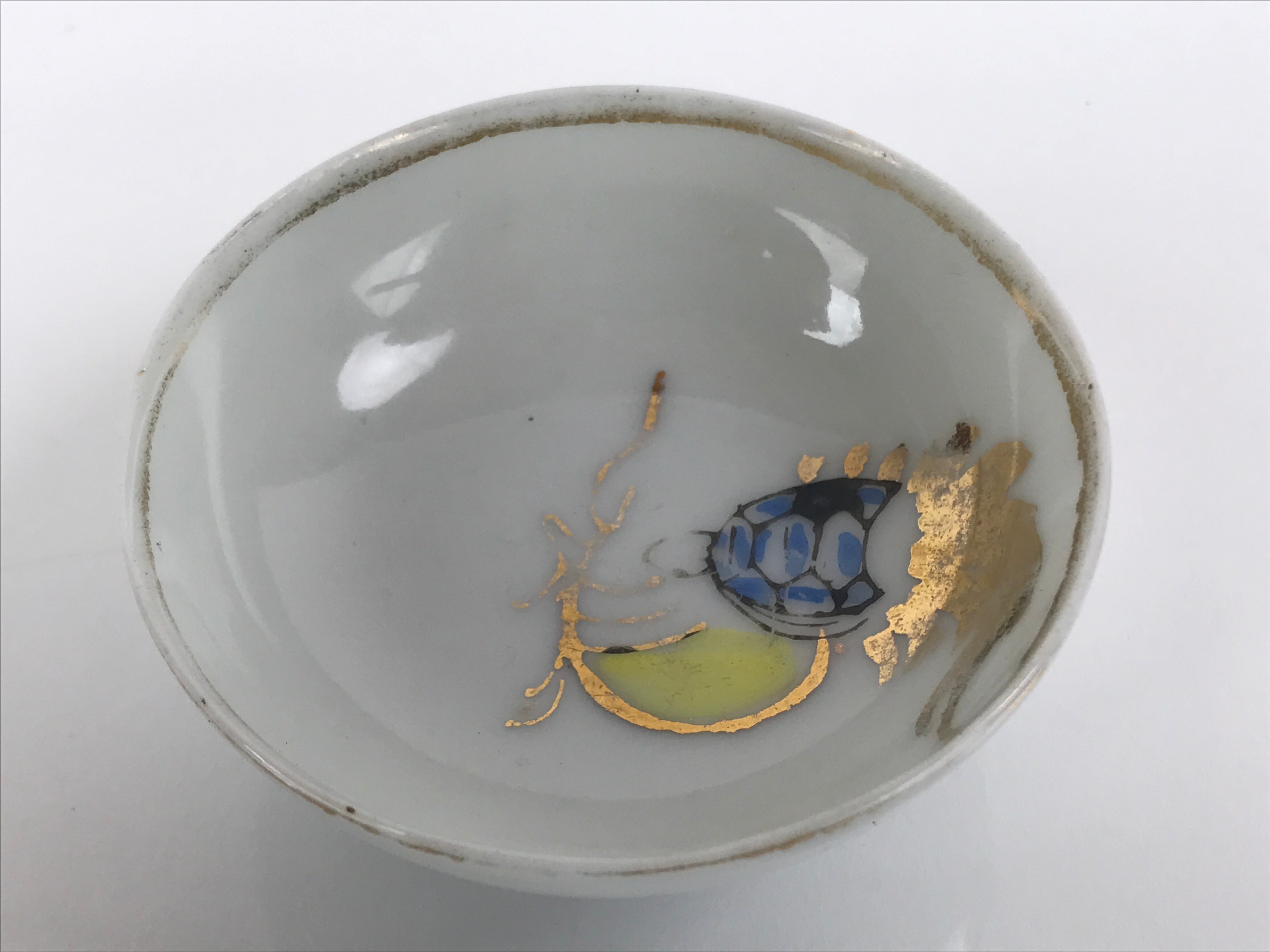 Japanese Porcelain Sake Cup Vtg Sakazuki Guinomi Minogame Turtle White Gold G215