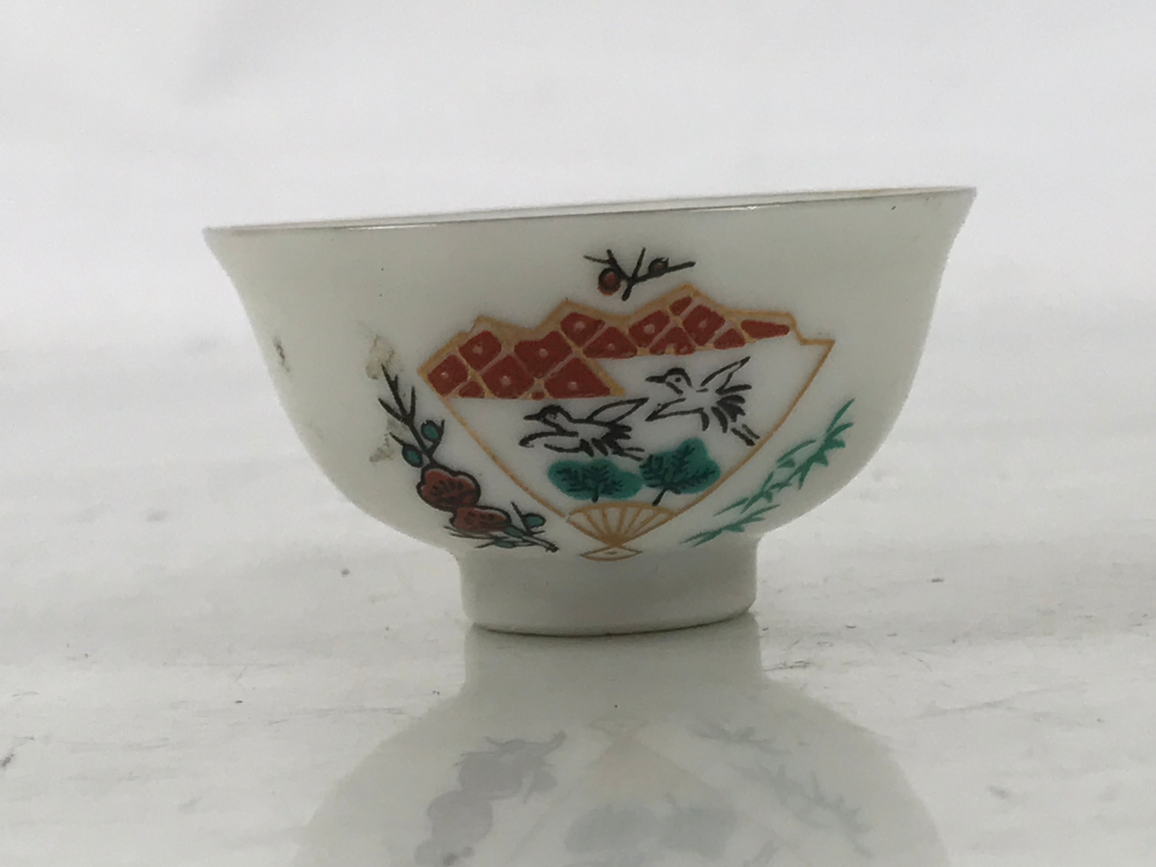 Japanese Porcelain Sake Cup Vtg Tsubomi Ochoko Folding Fan Shochikubai Bird G295