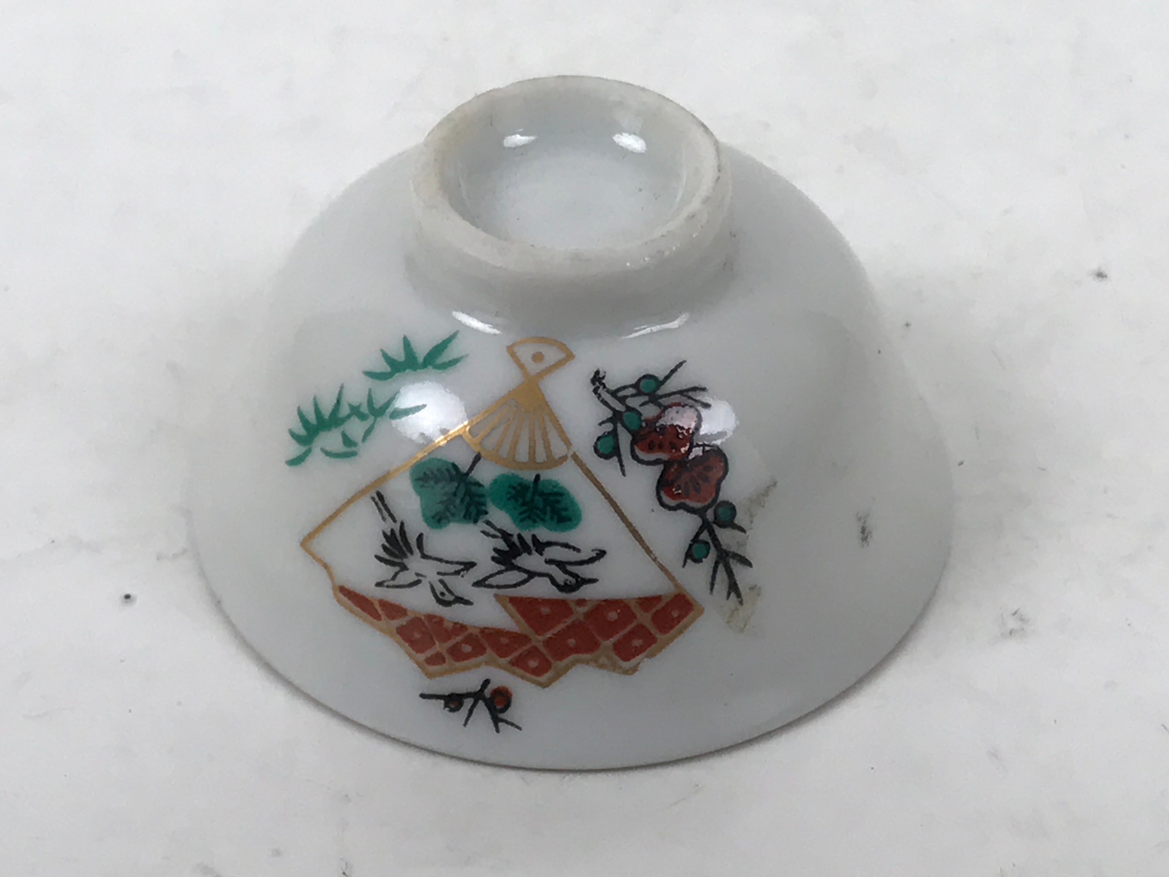 Japanese Porcelain Sake Cup Vtg Tsubomi Ochoko Folding Fan Shochikubai Bird G295