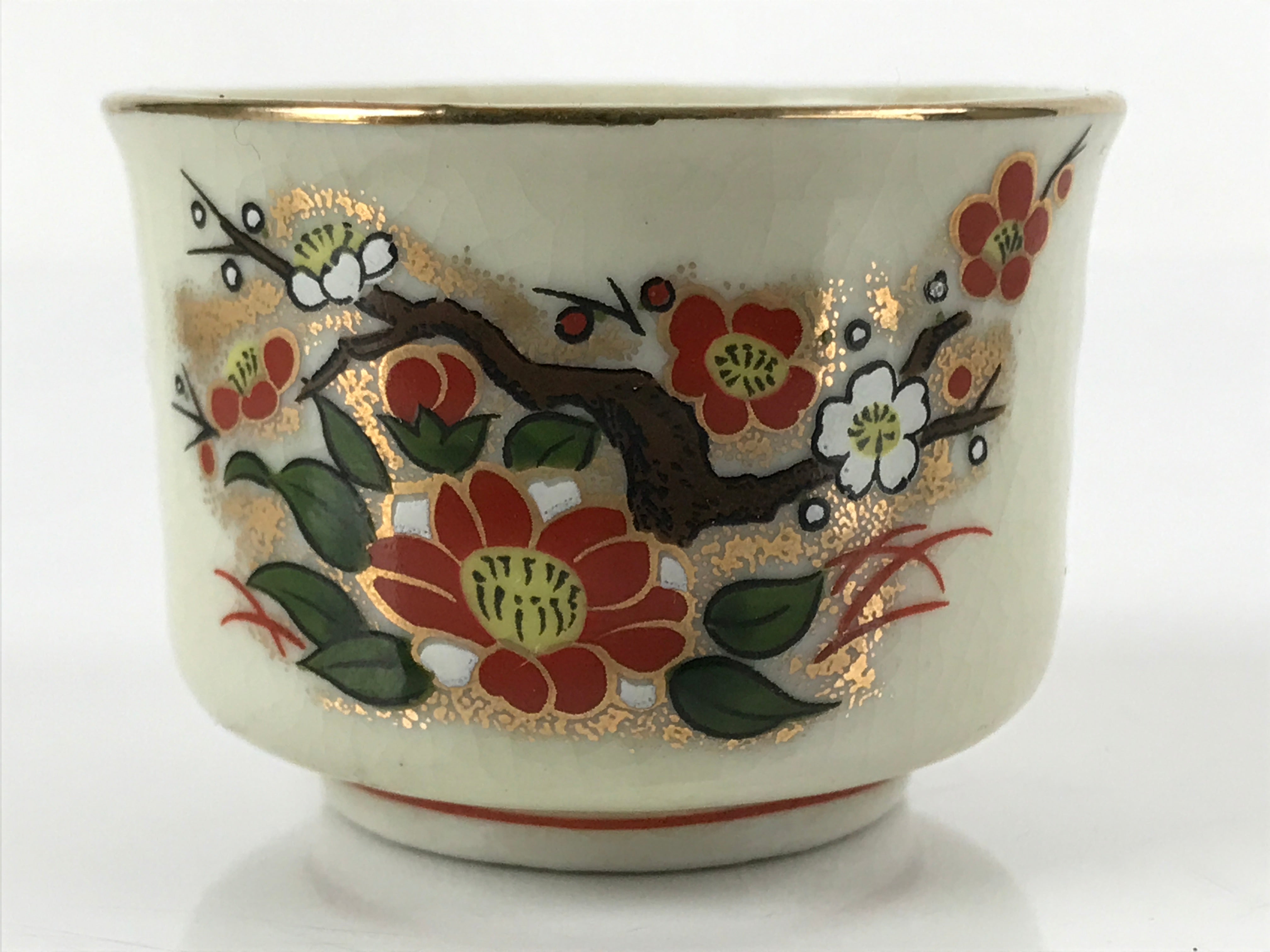 Japanese Porcelain Sake Cup Vtg Tsubomi Ochoko Guinomi Cherry Blossom Red G188