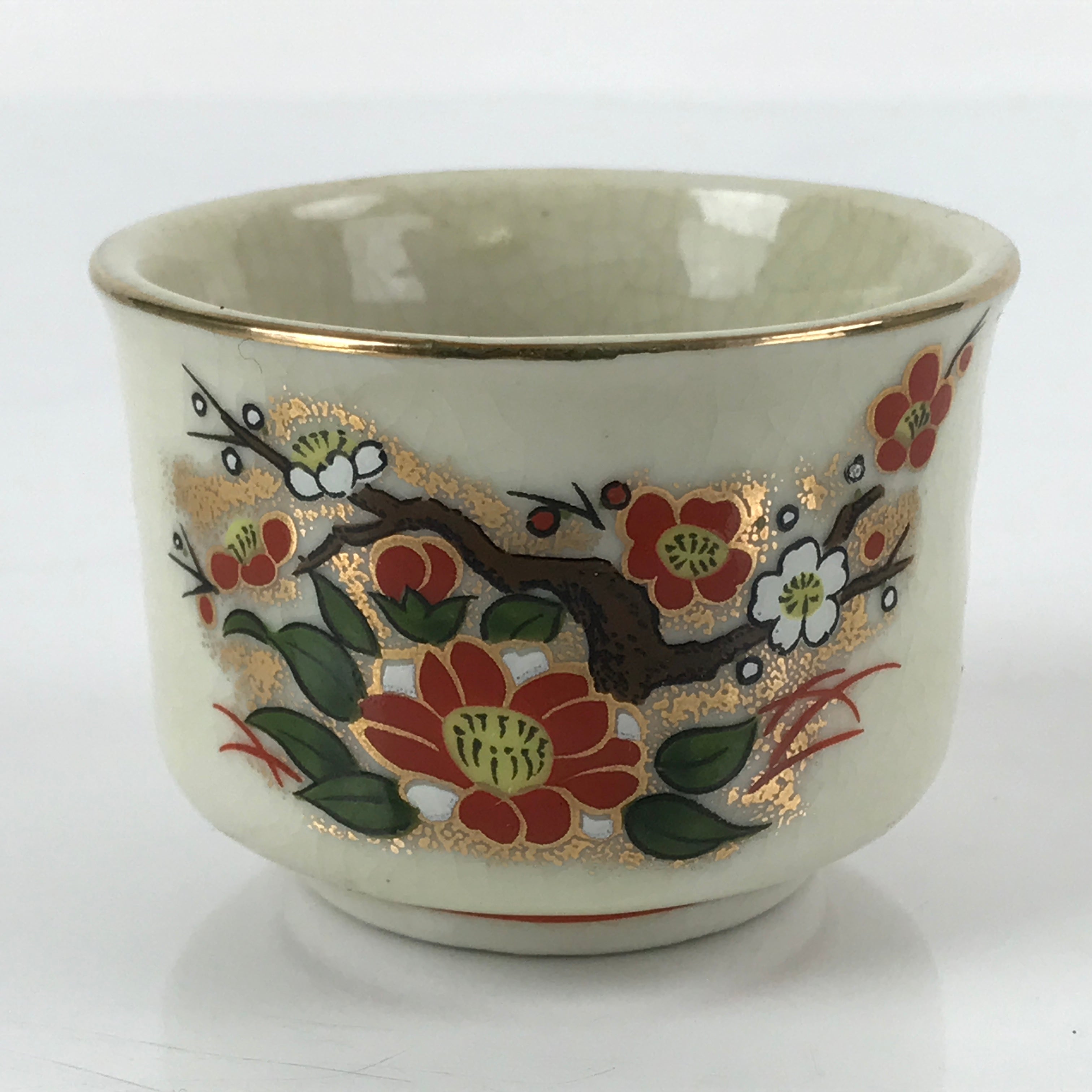 Japanese Porcelain Sake Cup Vtg Tsubomi Ochoko Guinomi Cherry Blossom Red G188