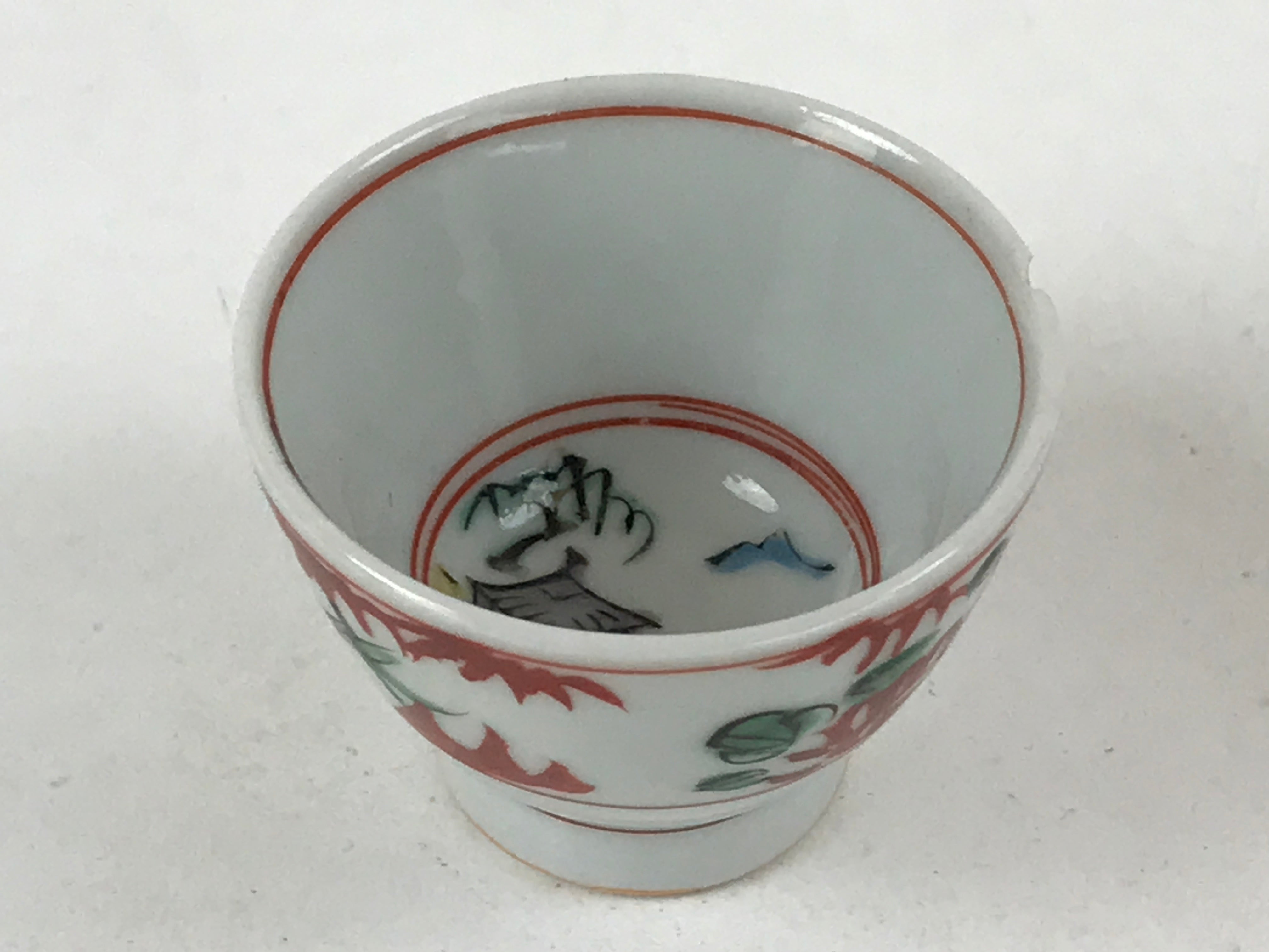 Japanese Porcelain Sake Cup Vtg Tsubomi Ochoko Temple Scene Red Flower G108