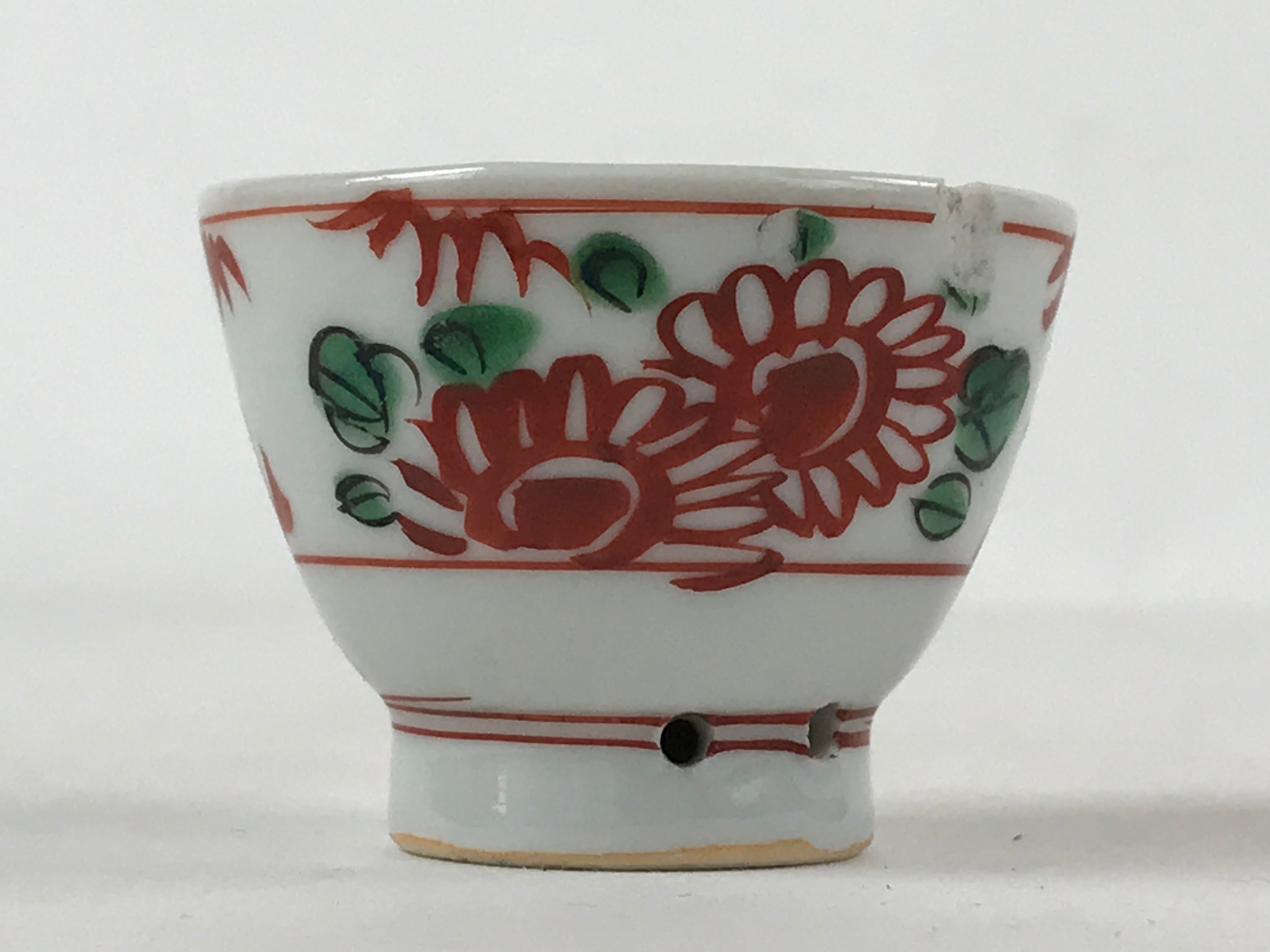 Japanese Porcelain Sake Cup Vtg Tsubomi Ochoko Temple Scene Red Flower G108