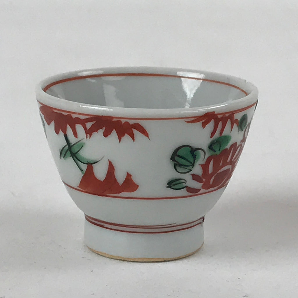 Japanese Porcelain Sake Cup Vtg Tsubomi Ochoko Temple Scene Red Flower G108