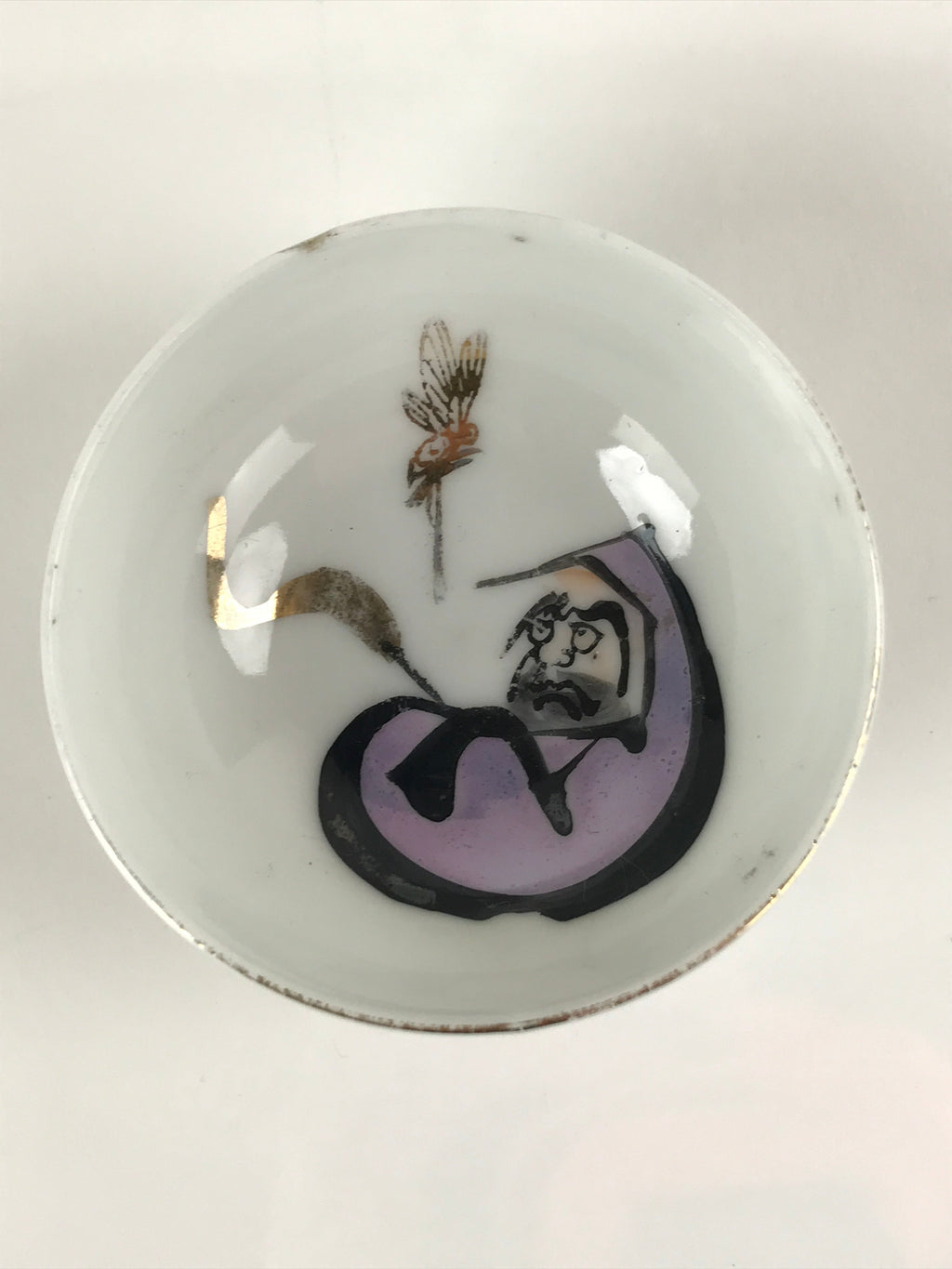 Japanese Porcelain Sake Cup Vtg Wan Ochoko Guinomi Daruma Daishi Purple G199