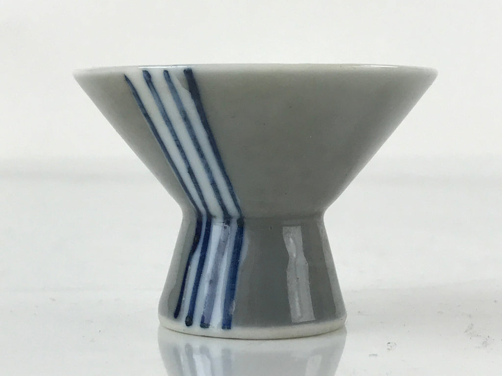 Japanese Porcelain Sake Cup Vtg Wan Ochoko Guinomi Gray Blue Stripes G157