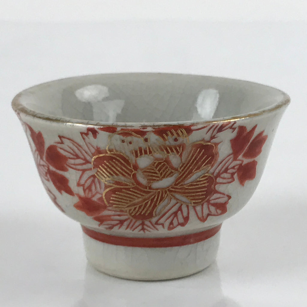 Japanese Porcelain Sake Cup Vtg Wan Ochoko Guinomi Peony Botan Red Gray G182