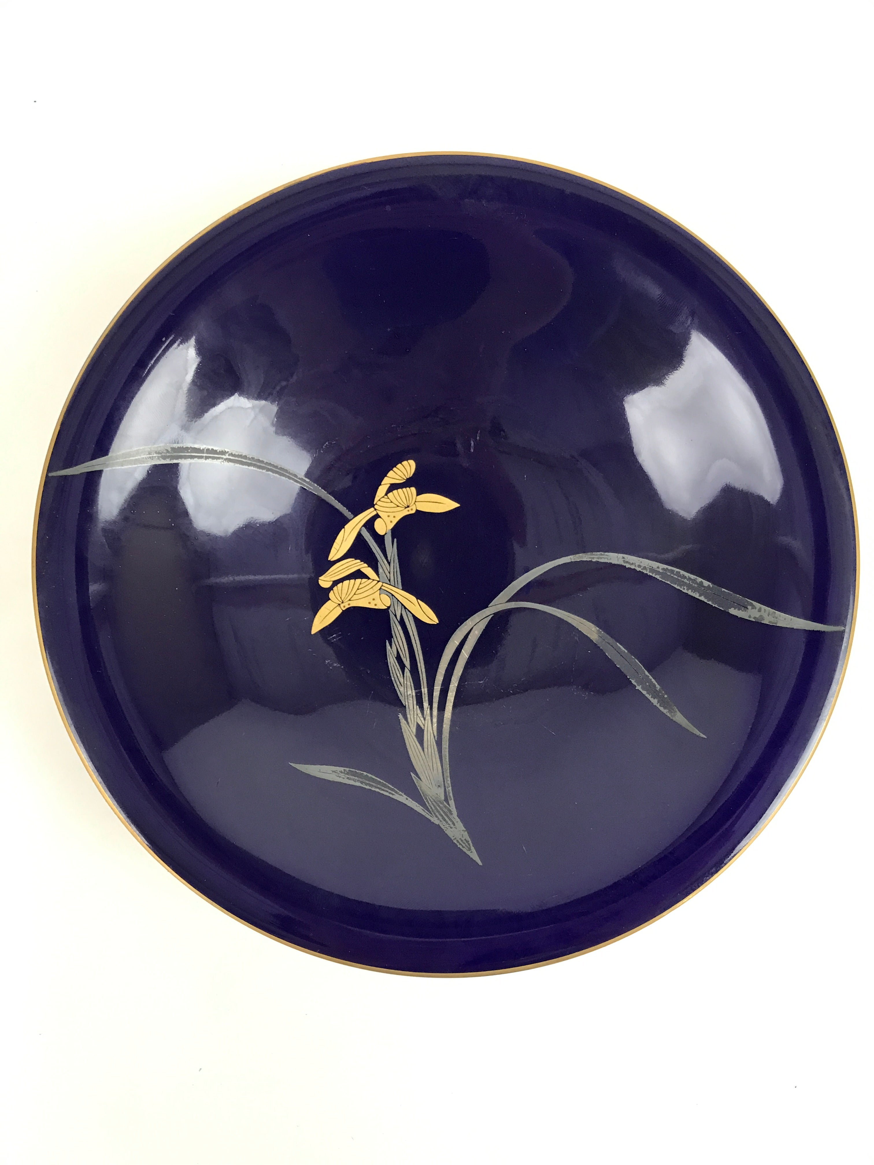 Japanese Porcelain Serving Dish Plate Vtg Koransha Sara Blue Gold Iris Ayame Y10