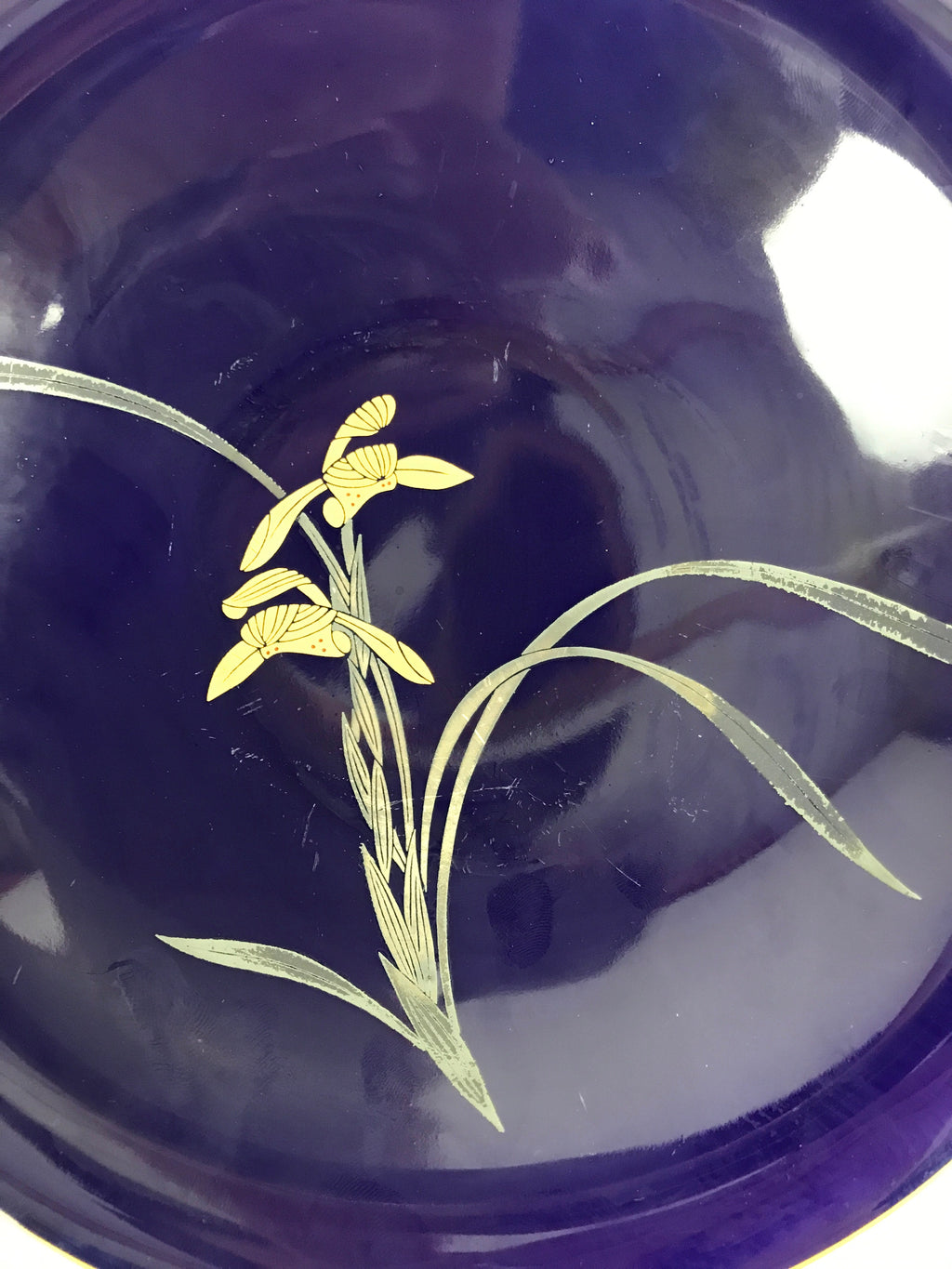 Japanese Porcelain Serving Dish Plate Vtg Koransha Sara Blue Gold Iris Ayame Y10