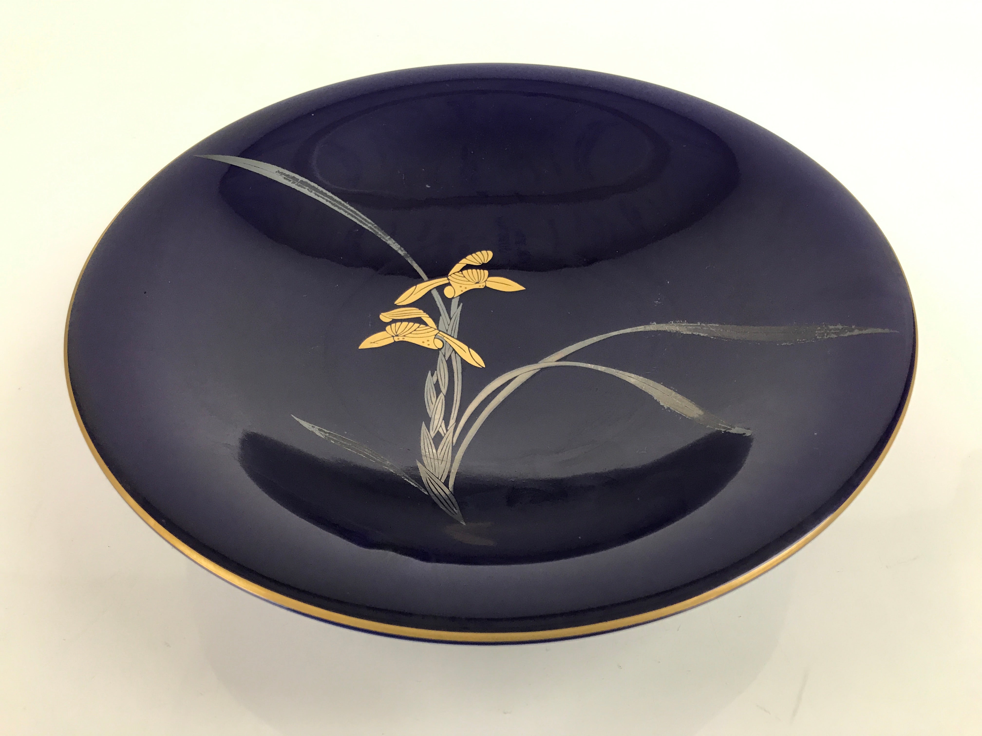 Japanese Porcelain Serving Dish Plate Vtg Koransha Sara Blue Gold Iris Ayame Y13