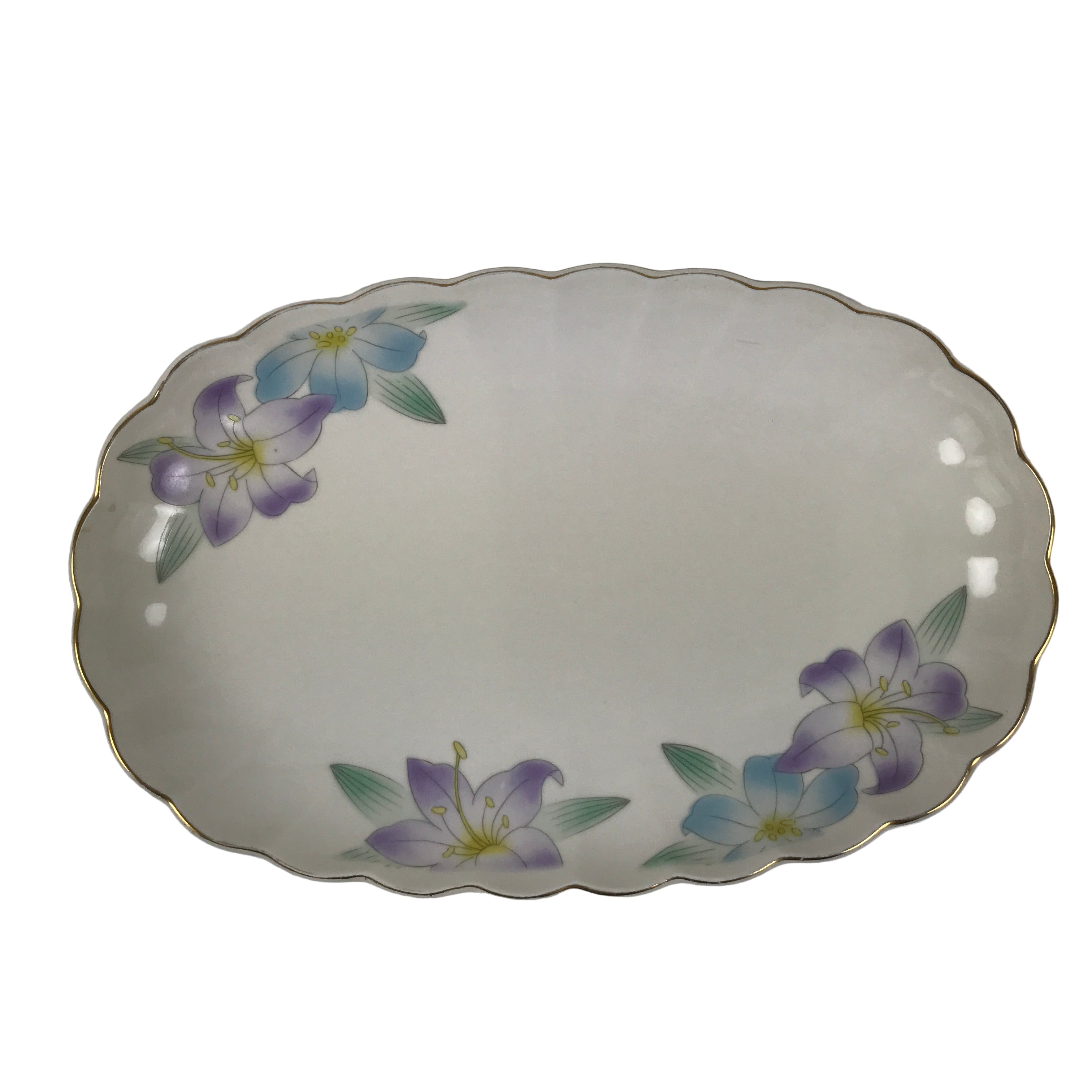 Japanese Porcelain Serving Plate Vtg Oval White Floral Lily Gold Kikuzara Y446
