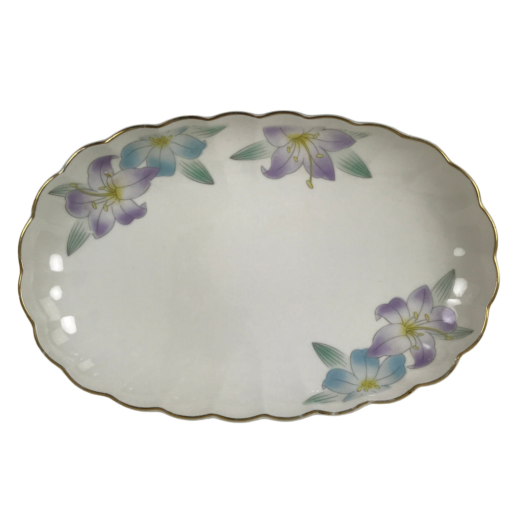 Japanese Porcelain Serving Plate Vtg Oval White Floral Lily Gold Kikuzara Y448