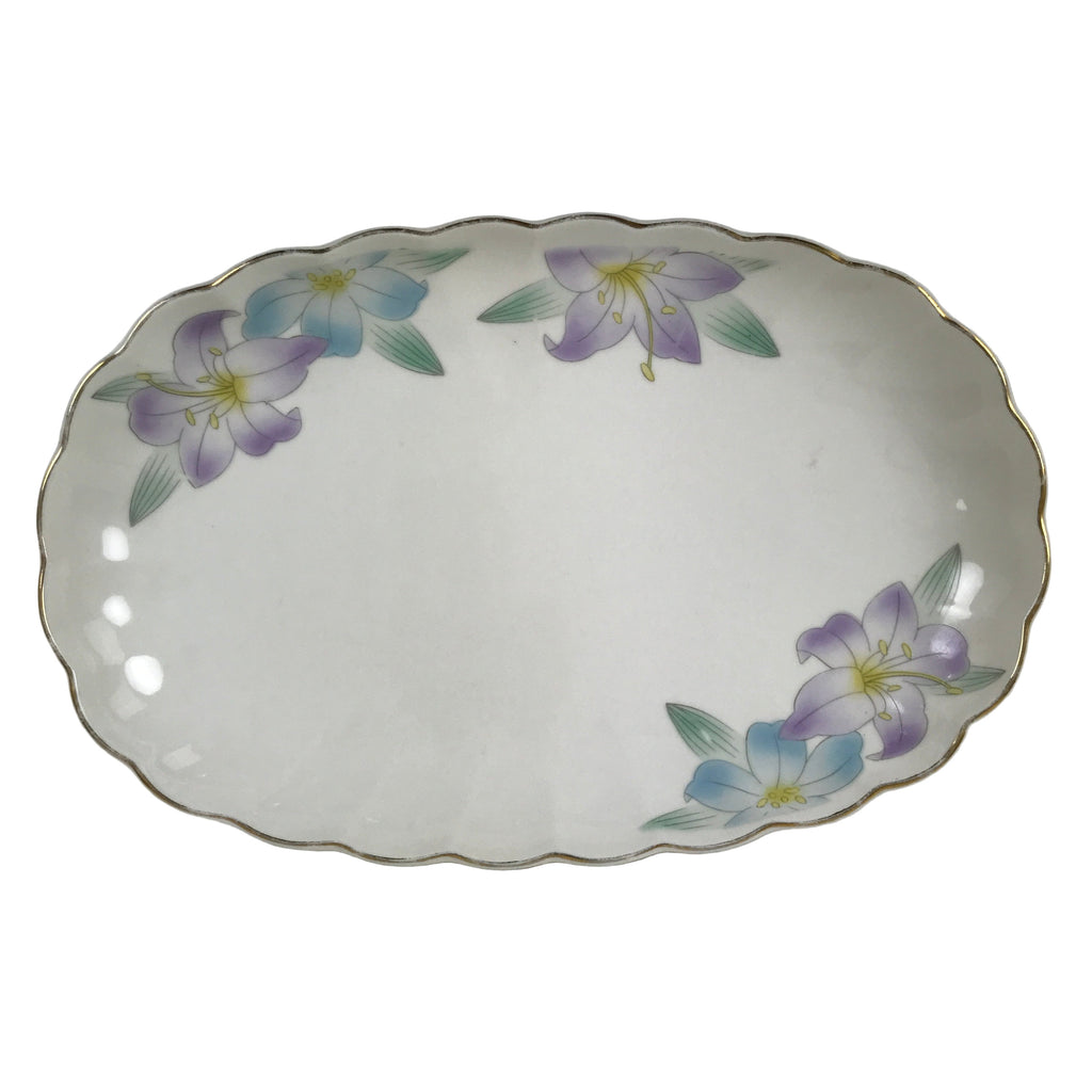 Japanese Porcelain Serving Plate Vtg Oval White Floral Lily Gold Kikuzara Y449