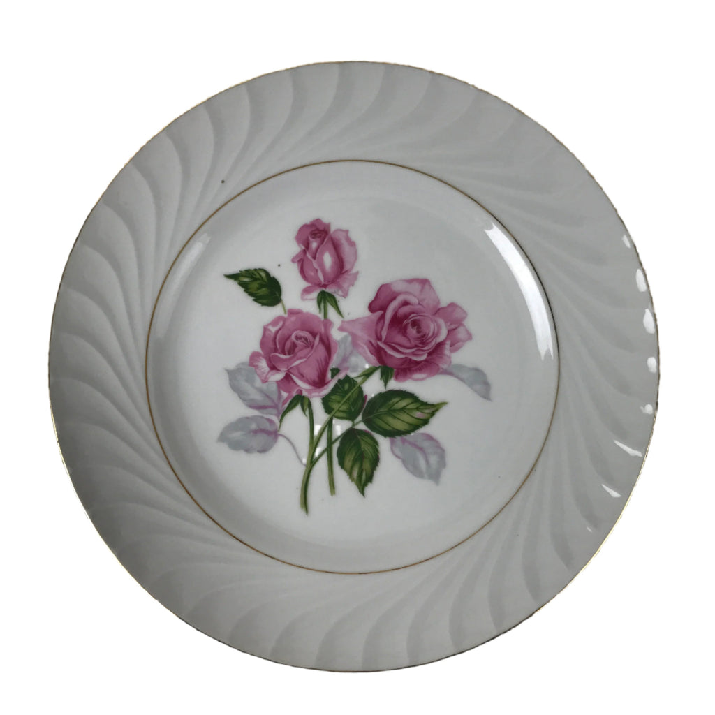Japanese Porcelain Serving Plate Vtg Round Large Pink Rose Floral Leaf Y263