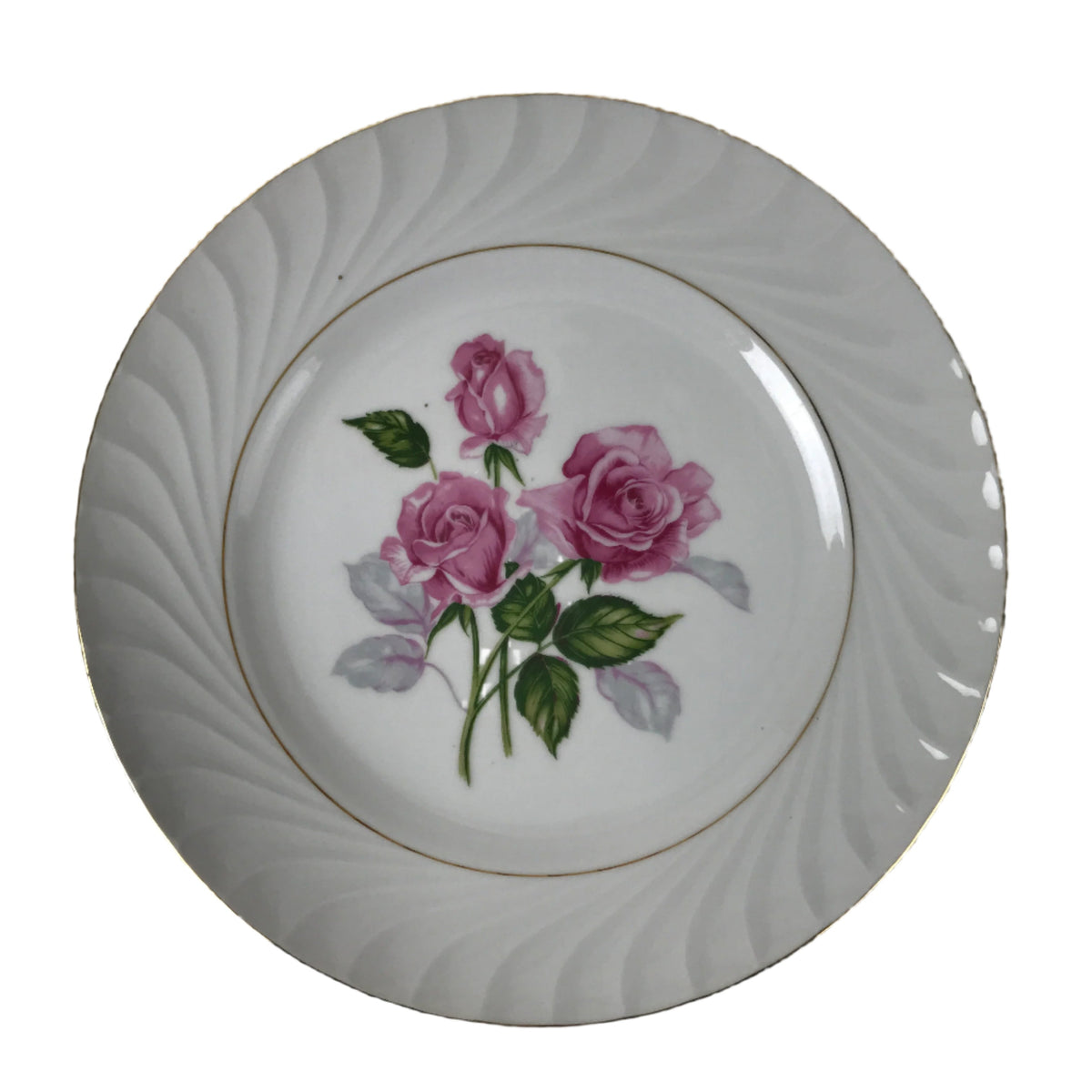 Japanese Porcelain Serving Plate Vtg Round Large Pink Rose Floral Leaf Y263