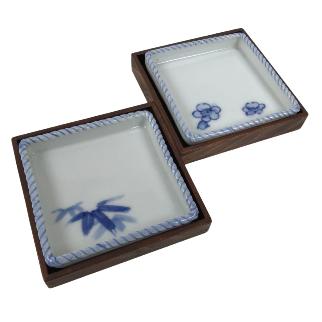 Japanese Porcelain Small Plate Kozara Vtg Lacquer Tray Dish 3pc White Blue Y424