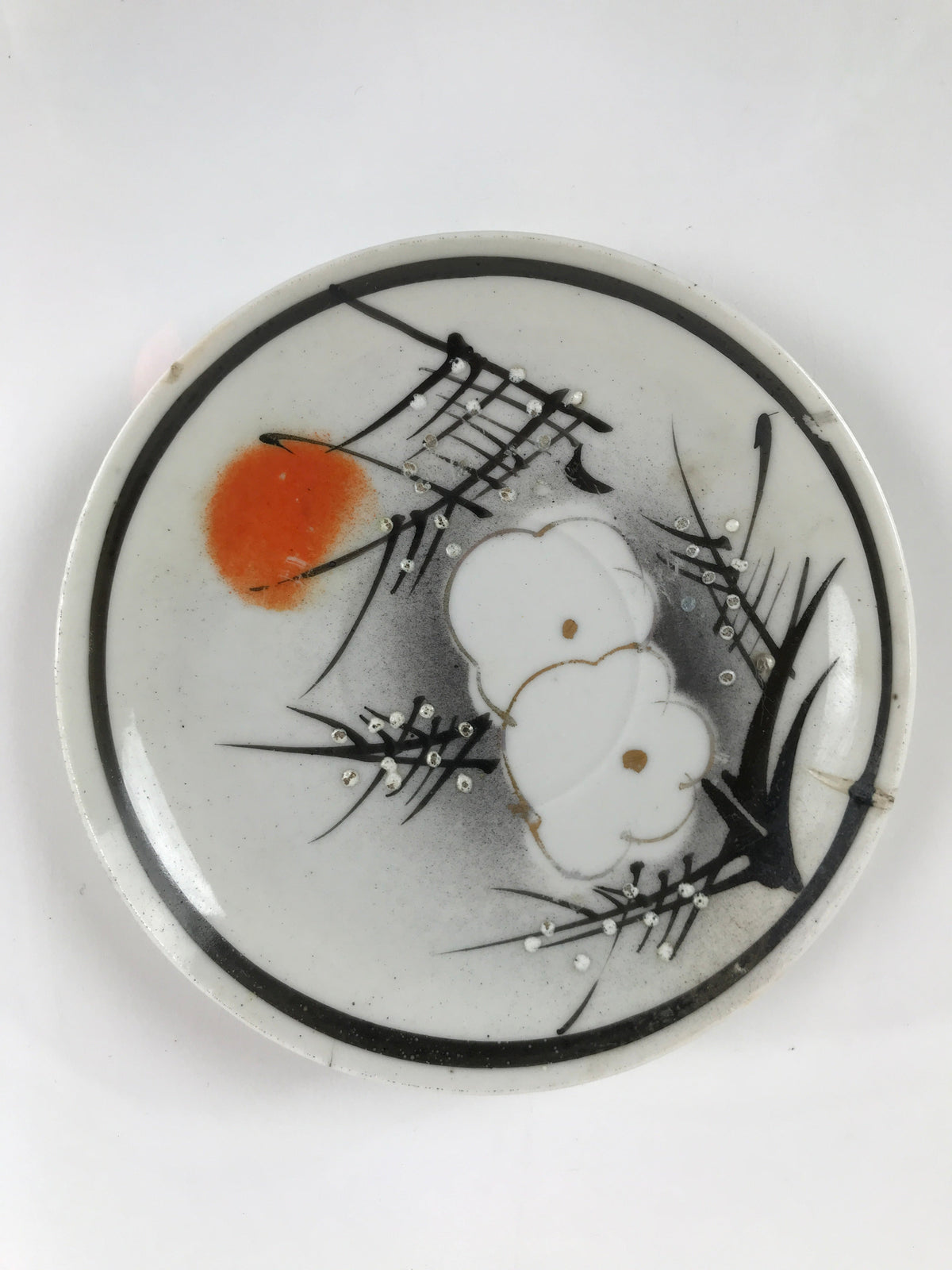 Japanese Porcelain Small Plate Kozara Vtg Plum Blossom Sun Black White PY683