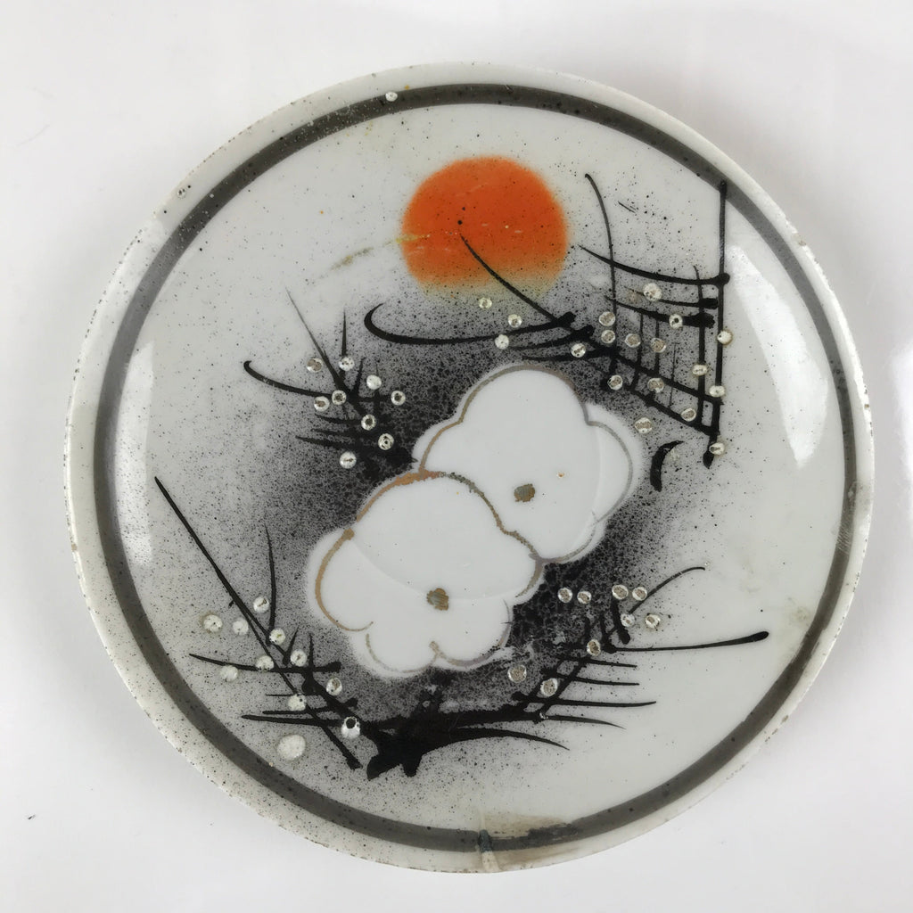 Japanese Porcelain Small Plate Kozara Vtg Plum Blossom Sun Black White PY684