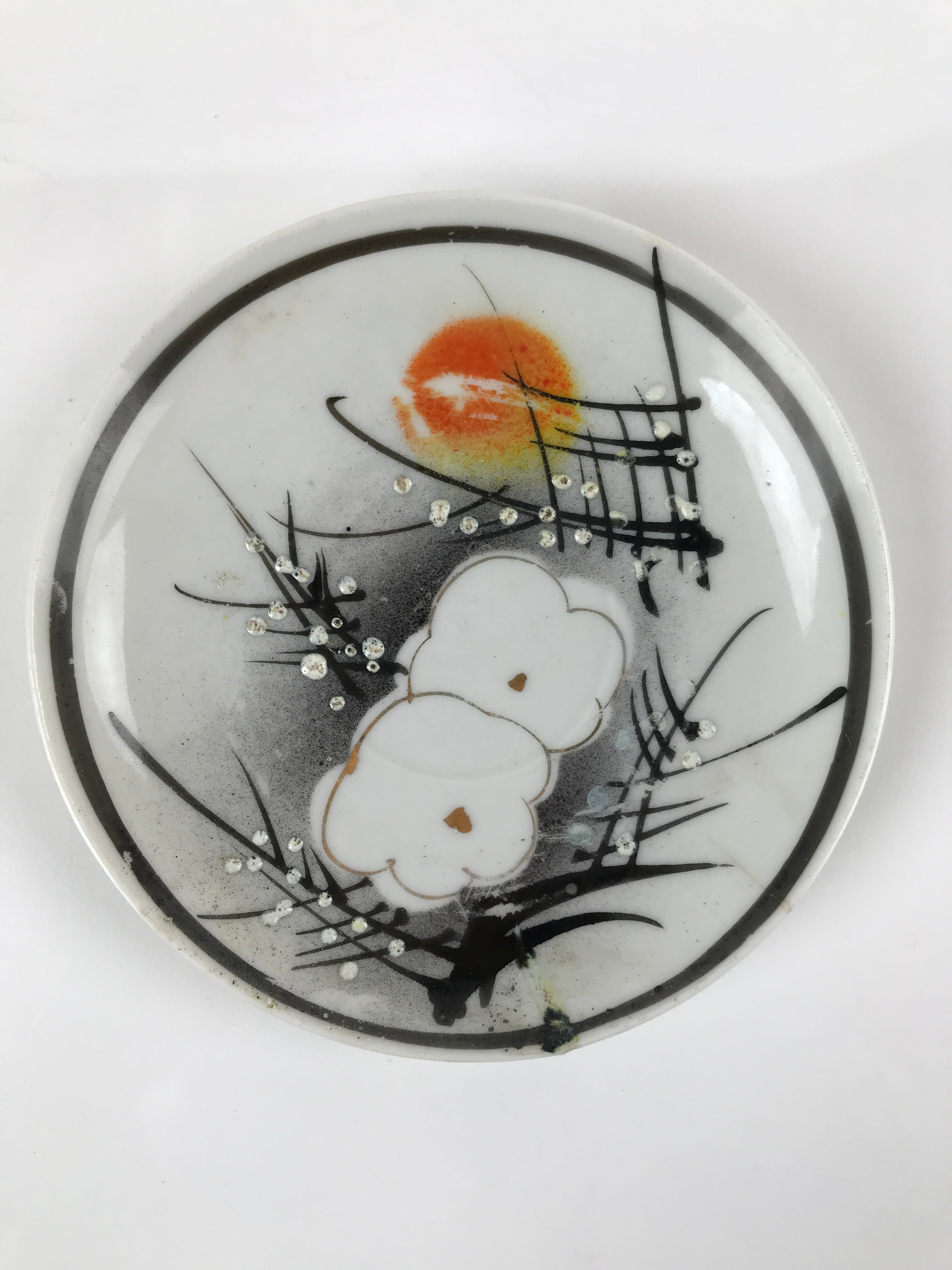 Japanese Porcelain Small Plate Kozara Vtg Plum Blossom Sun Black White PY685