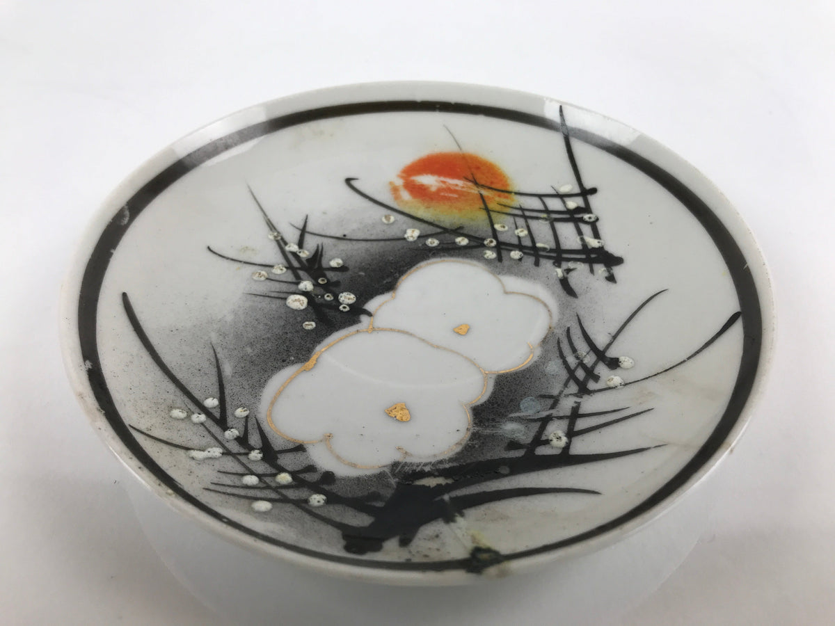 Japanese Porcelain Small Plate Kozara Vtg Plum Blossom Sun Black White PY685
