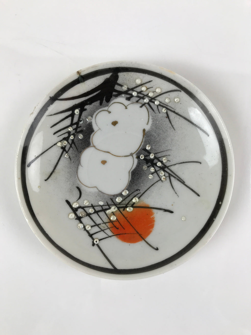 Japanese Porcelain Small Plate Kozara Vtg Plum Blossom Sun Black White PY686