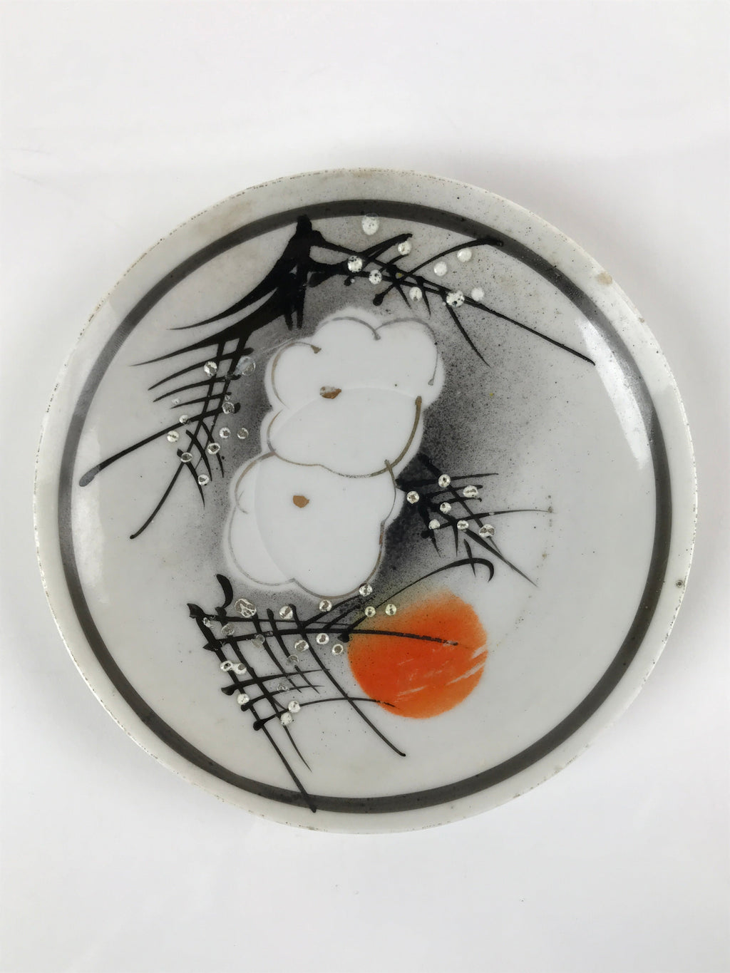Japanese Porcelain Small Plate Kozara Vtg Plum Blossom Sun Black White PY687