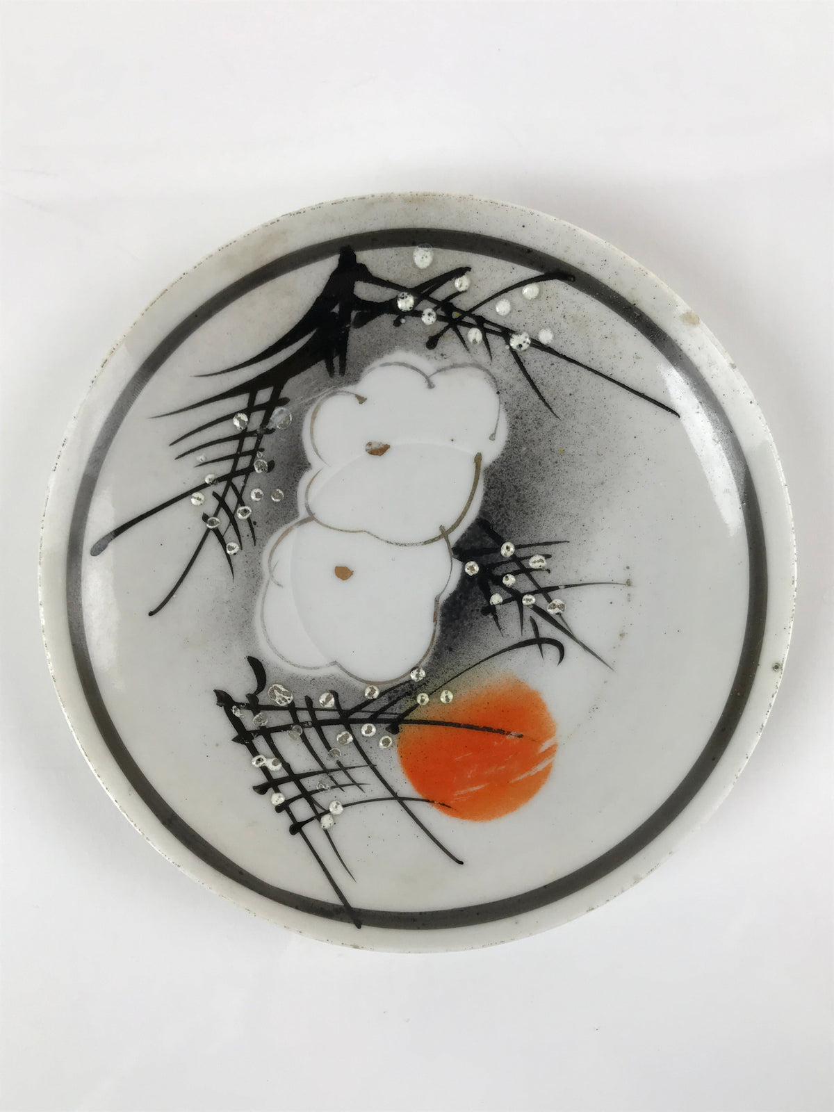 Japanese Porcelain Small Plate Kozara Vtg Plum Blossom Sun Black White PY687