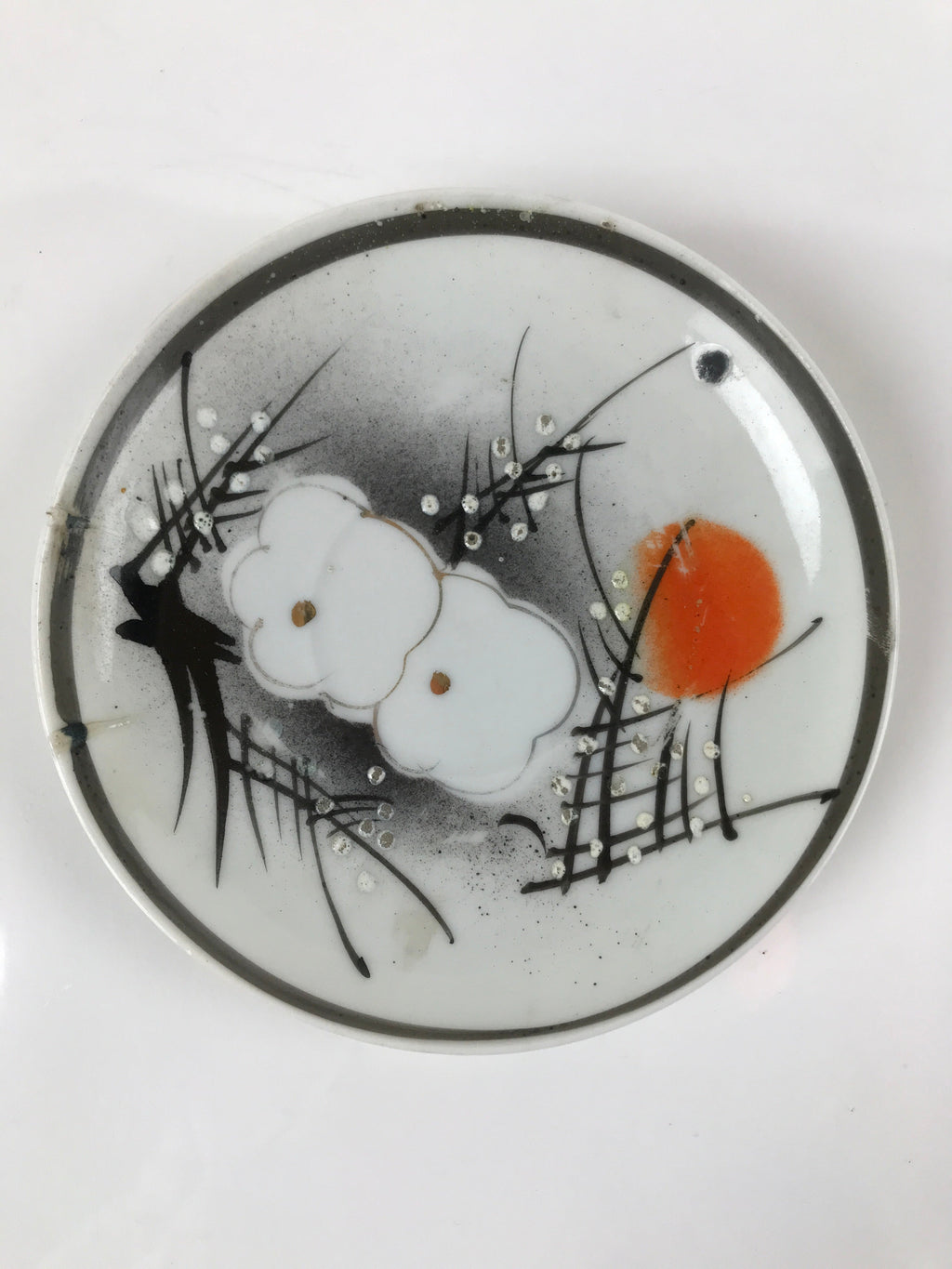 Japanese Porcelain Small Plate Kozara Vtg Plum Blossom Sun Black White PY688