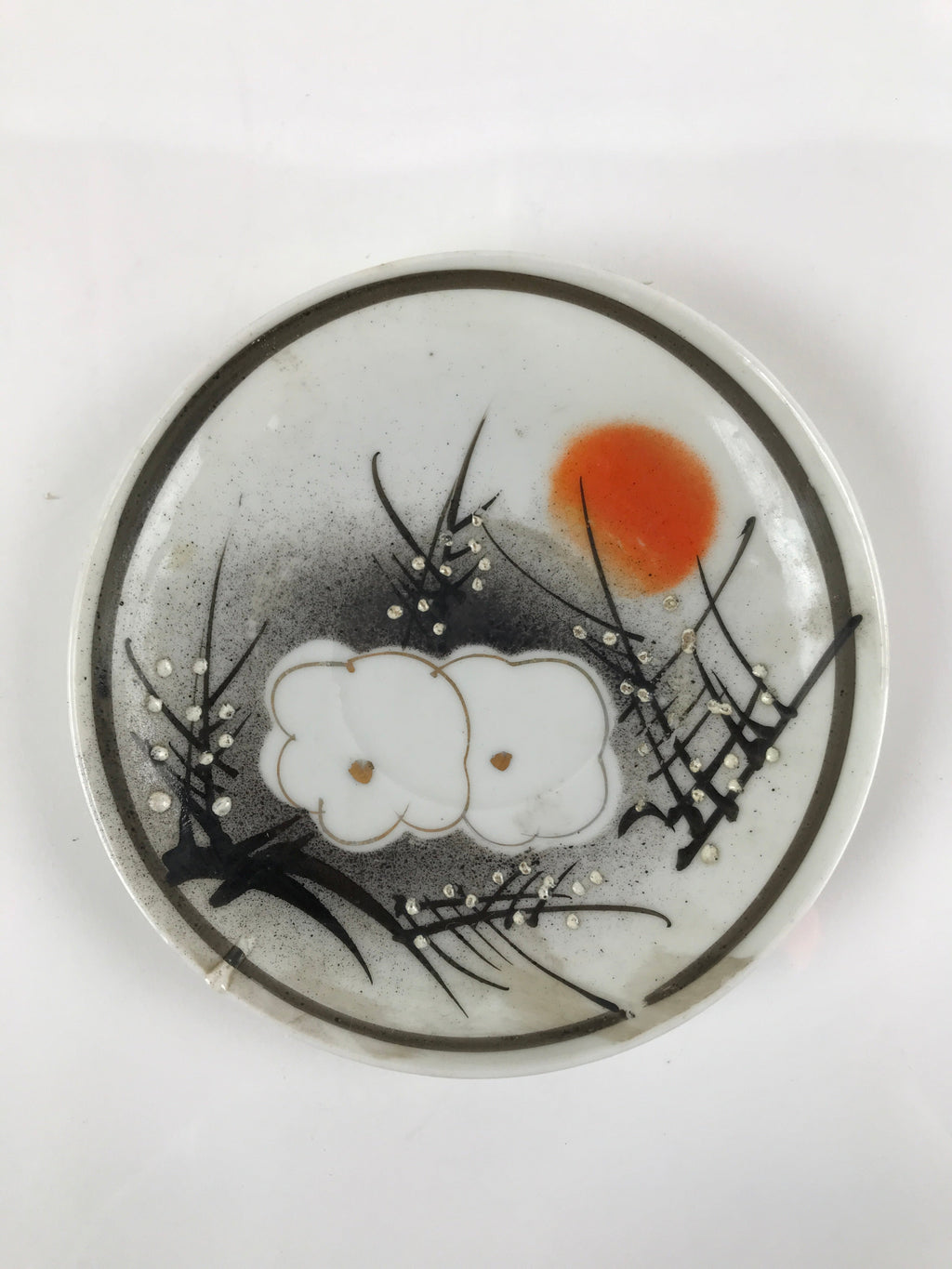 Japanese Porcelain Small Plate Kozara Vtg Plum Blossom Sun Black White PY692