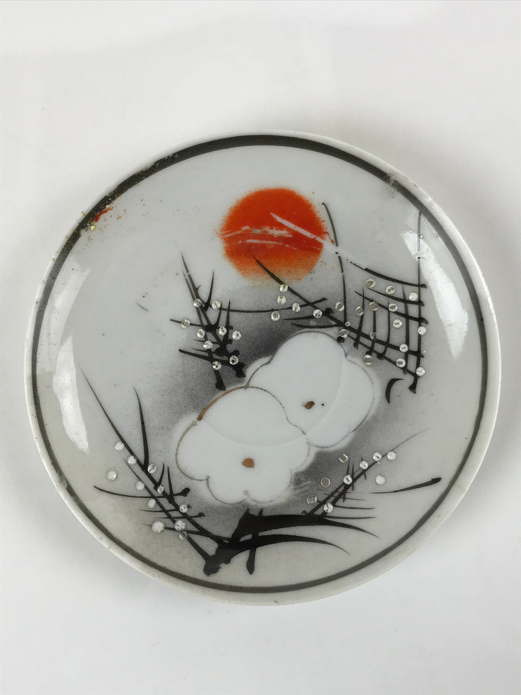 Japanese Porcelain Small Plate Kozara Vtg Plum Blossom Sun Black White PY710