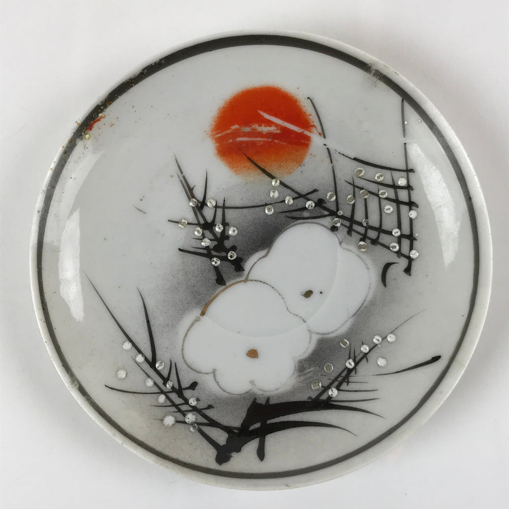 Japanese Porcelain Small Plate Kozara Vtg Plum Blossom Sun Black White PY710