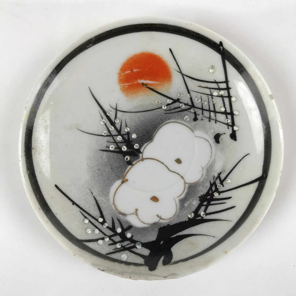 Japanese Porcelain Small Plate Kozara Vtg Plum Blossom Sun Black White PY711