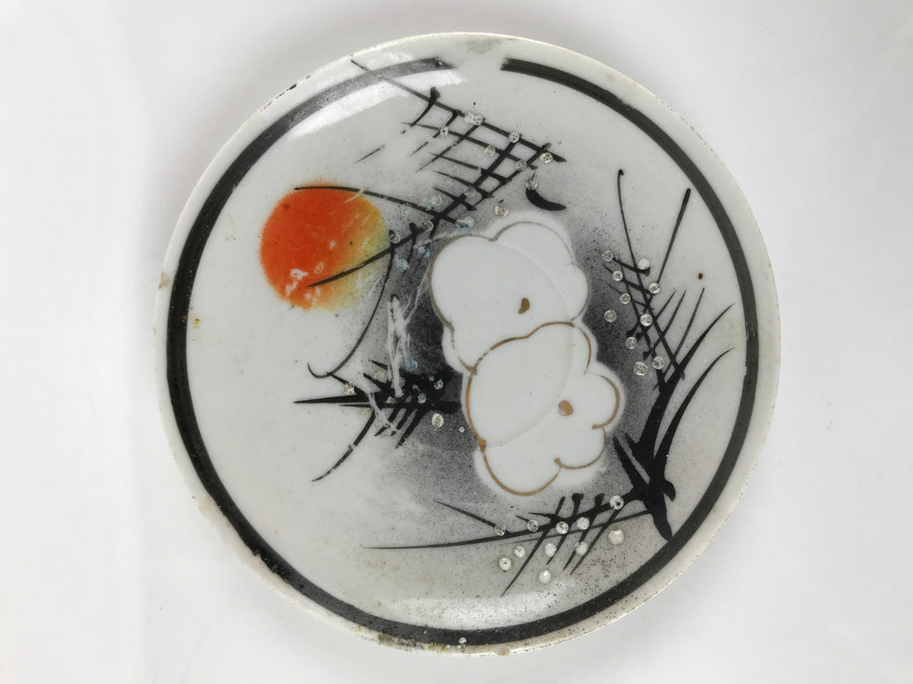 Japanese Porcelain Small Plate Kozara Vtg Plum Blossom Sun Black White PY712