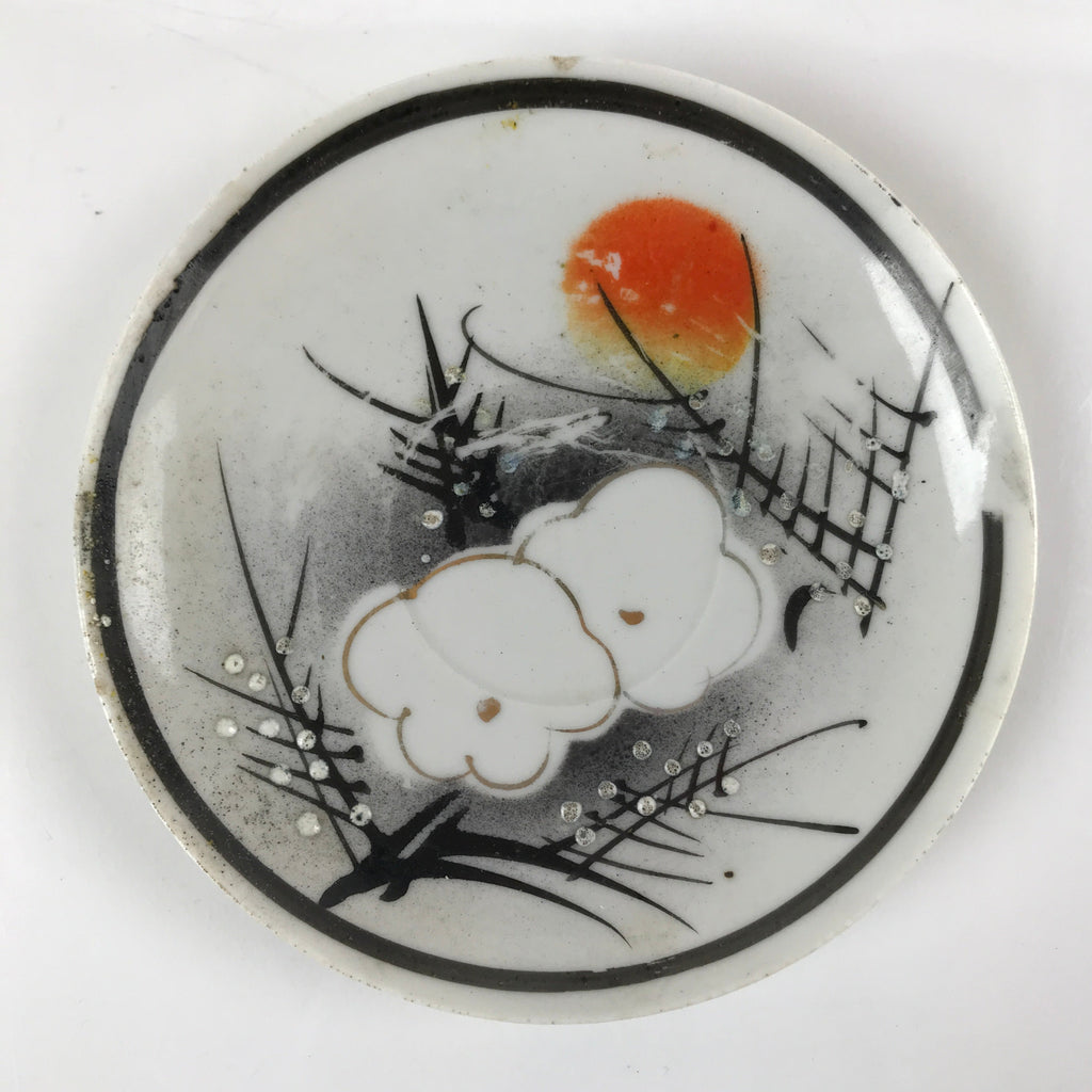 Japanese Porcelain Small Plate Kozara Vtg Plum Blossom Sun Black White PY712