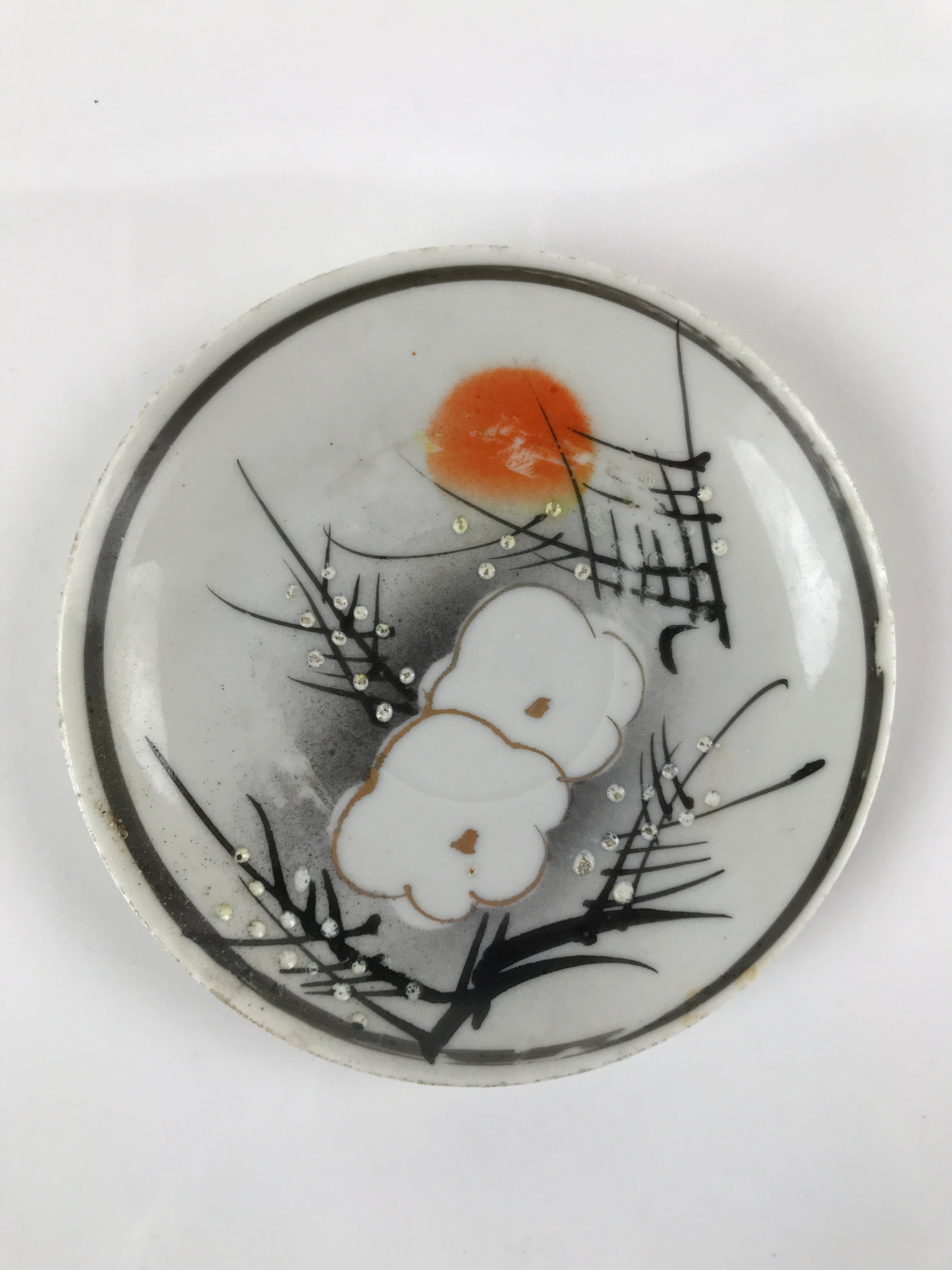 Japanese Porcelain Small Plate Kozara Vtg Plum Blossom Sun Black White PY715