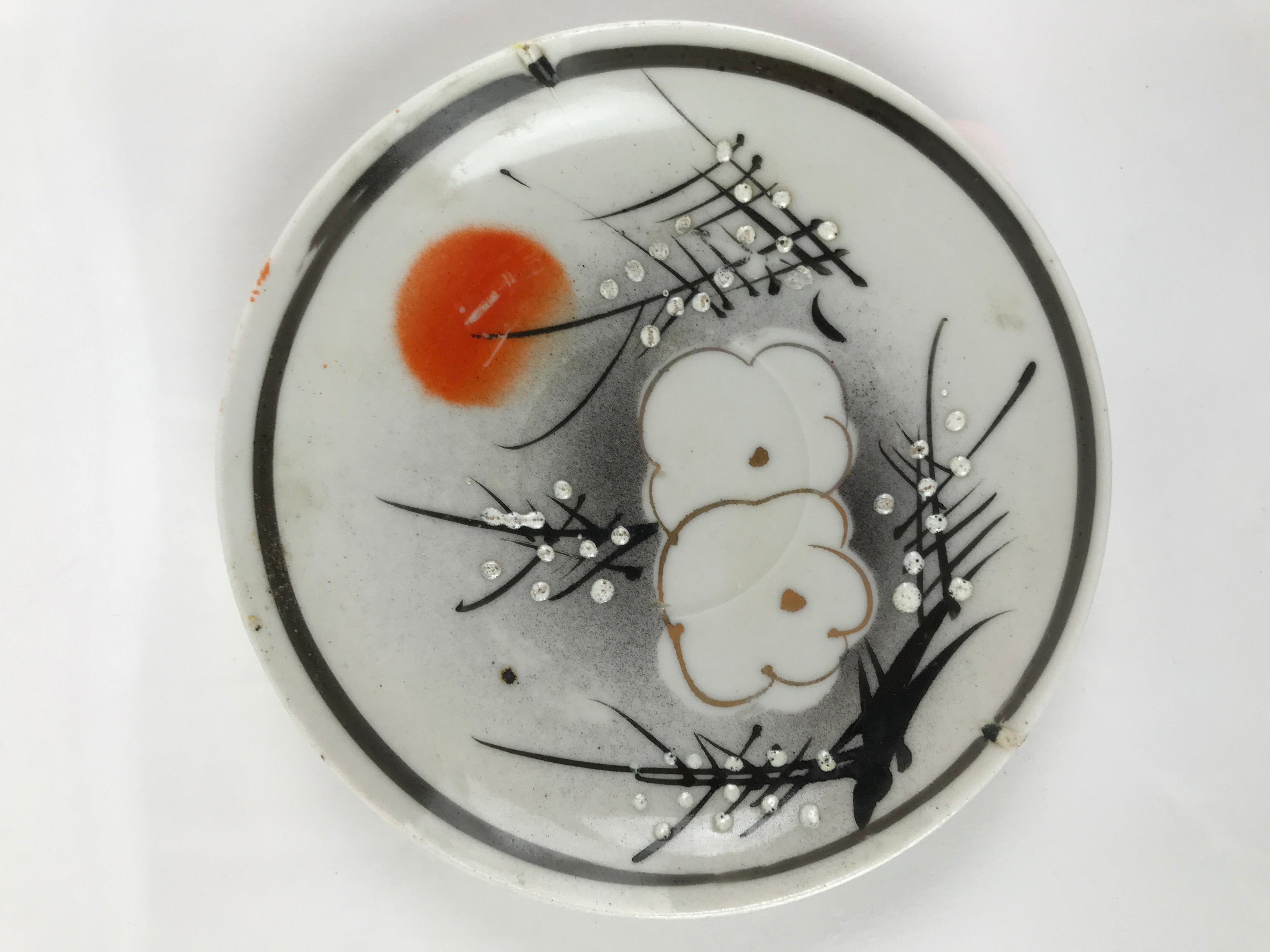 Japanese Porcelain Small Plate Kozara Vtg Plum Blossom Sun Black White PY716